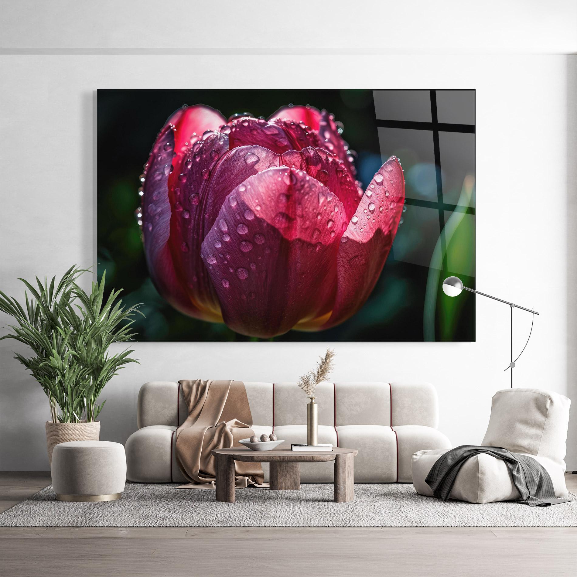 Glasbild Pink Tulip After Rain mockup 9