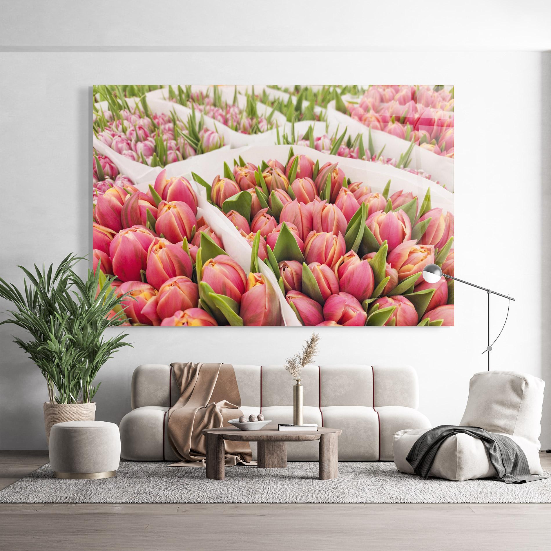 Glasbild Pretty Pink Tulips Bouquet mockup 9
