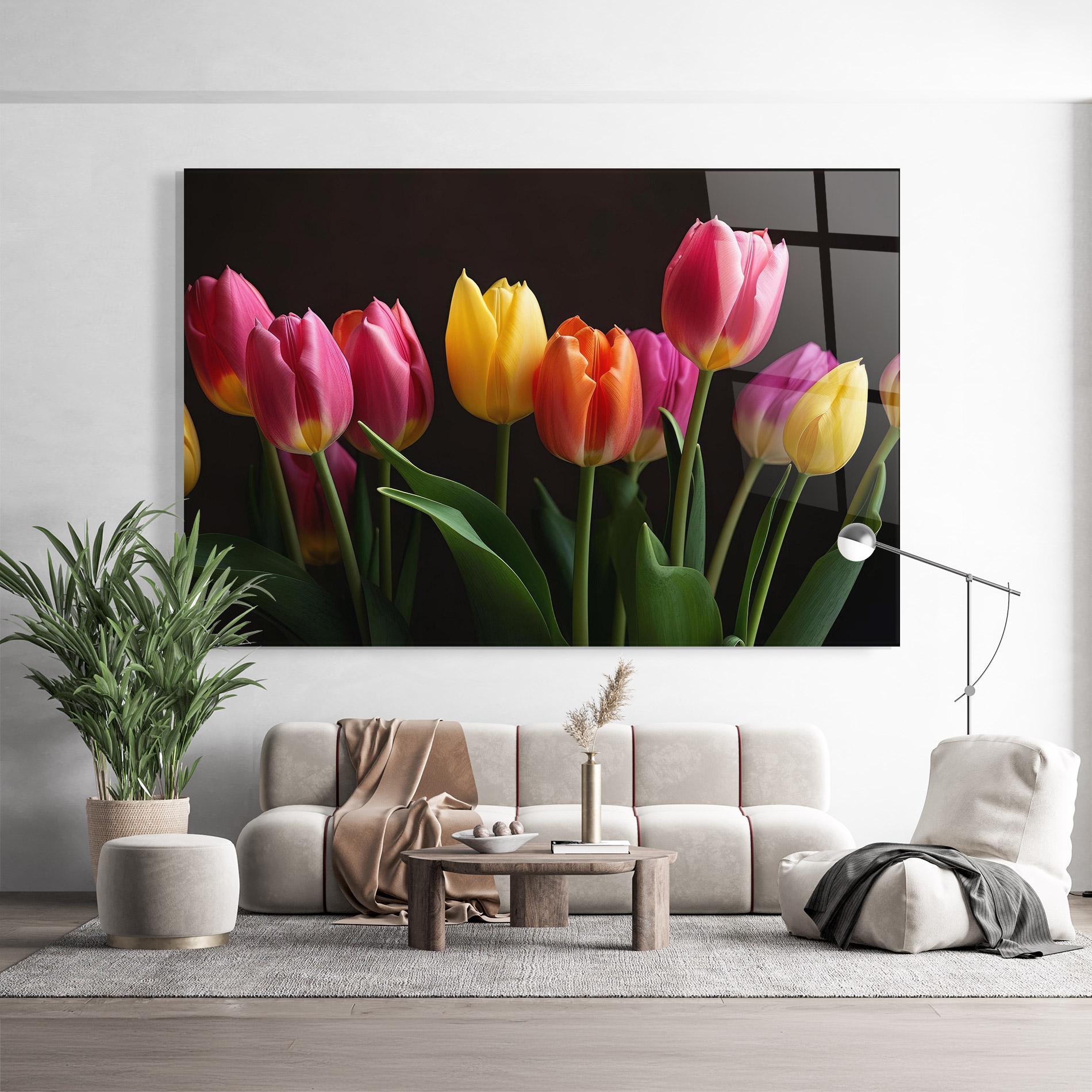 Glasbild Purple Yellow Tulips mockup 9