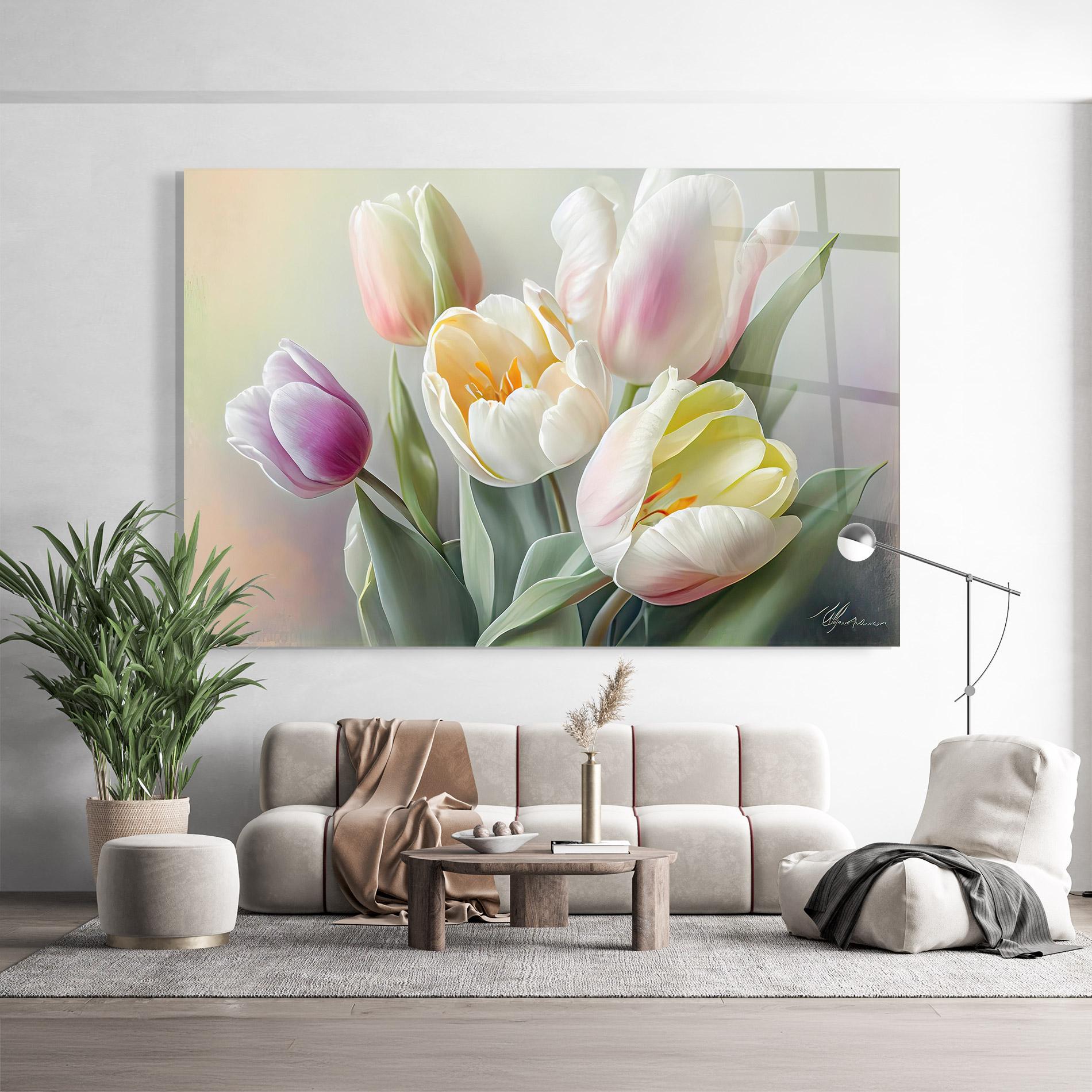 Glasbild White Tulips Painting mockup 9