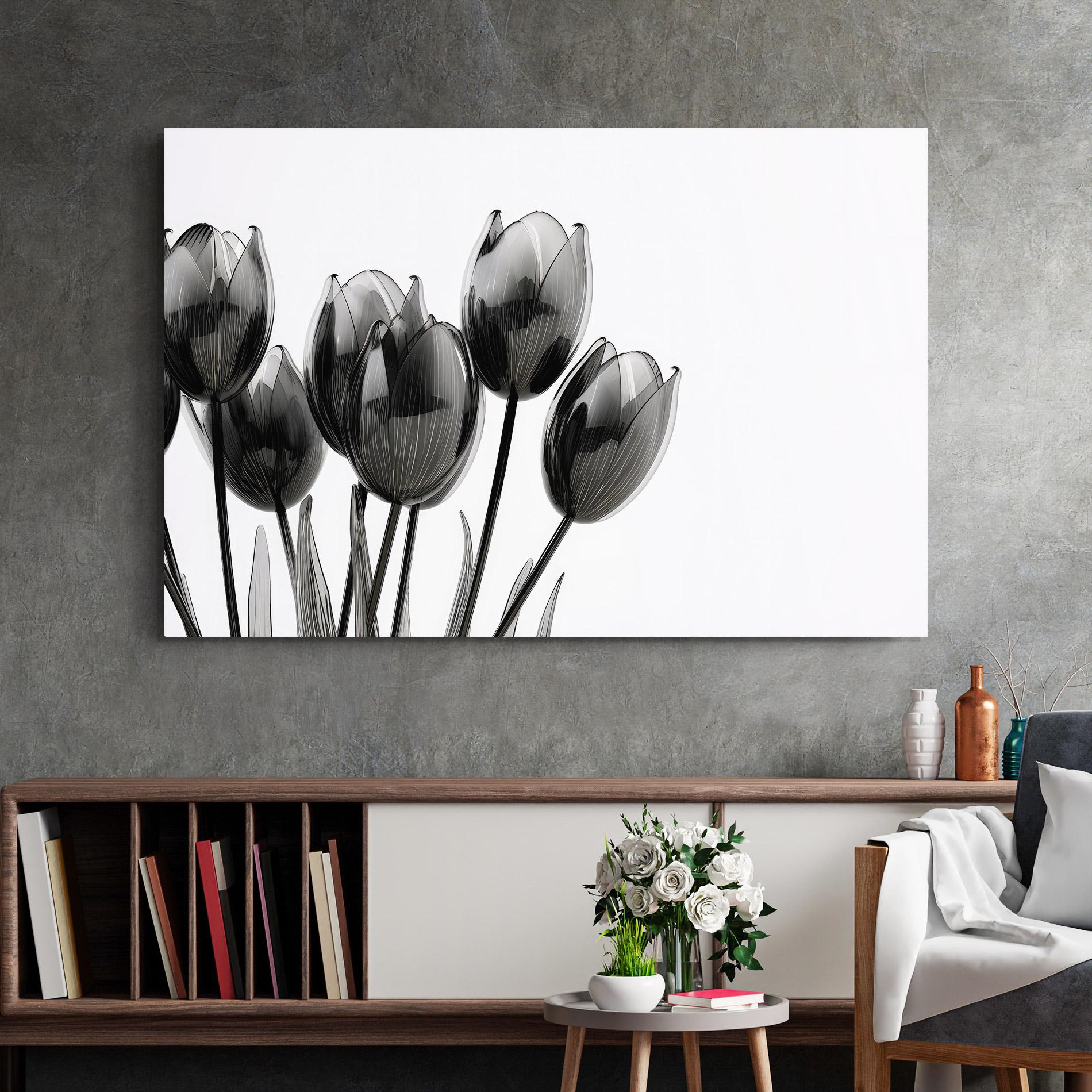Glasbild Black Glass Tulips mockup 2