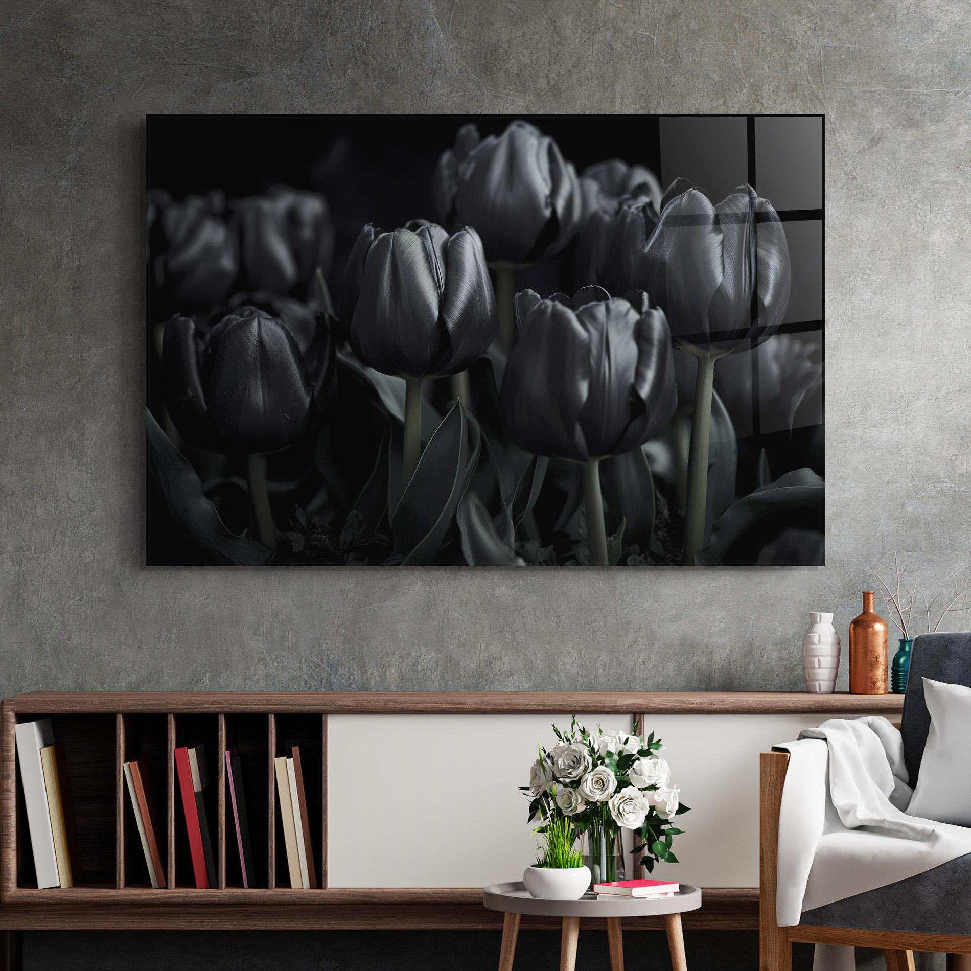 Glasbild Black Tulips mockup 2