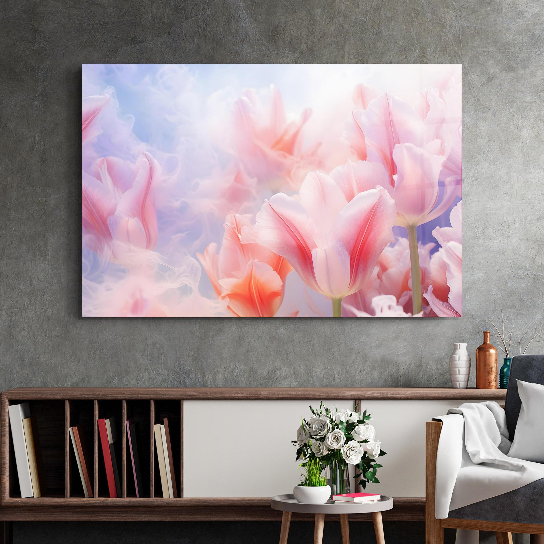 Glasbild Dreamy Pink Tulips mockup 2