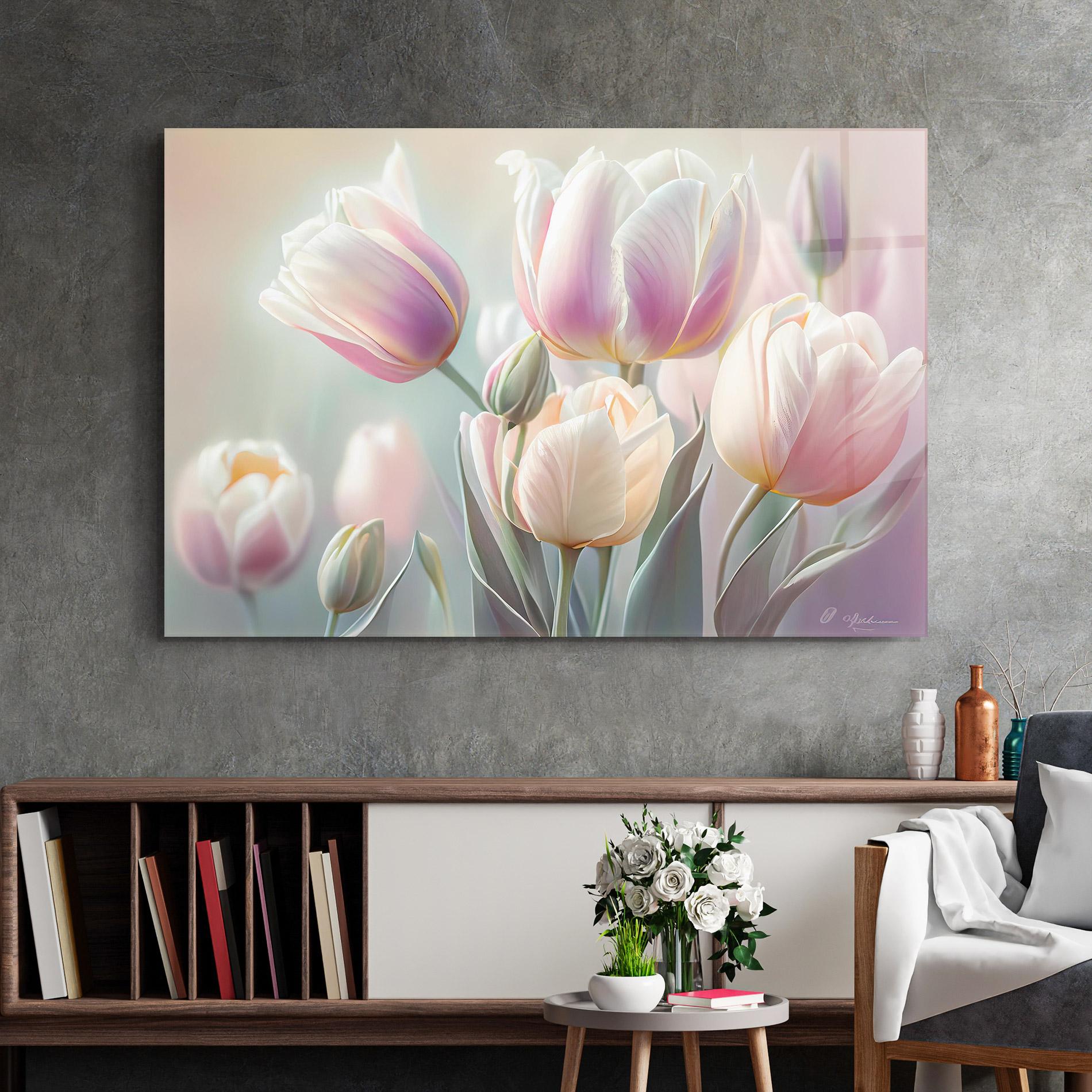 Glasbild Dreamy White Tulips mockup 2