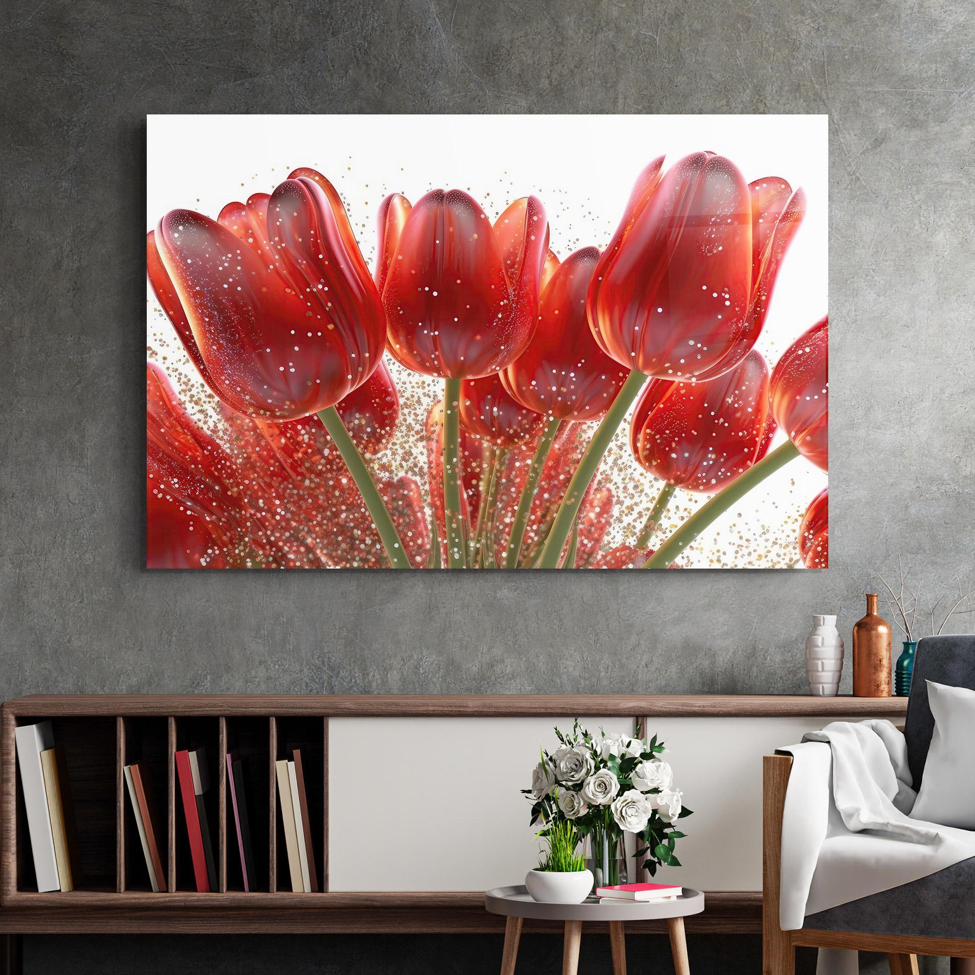 Glasbild Glitter Red Tulips mockup 2