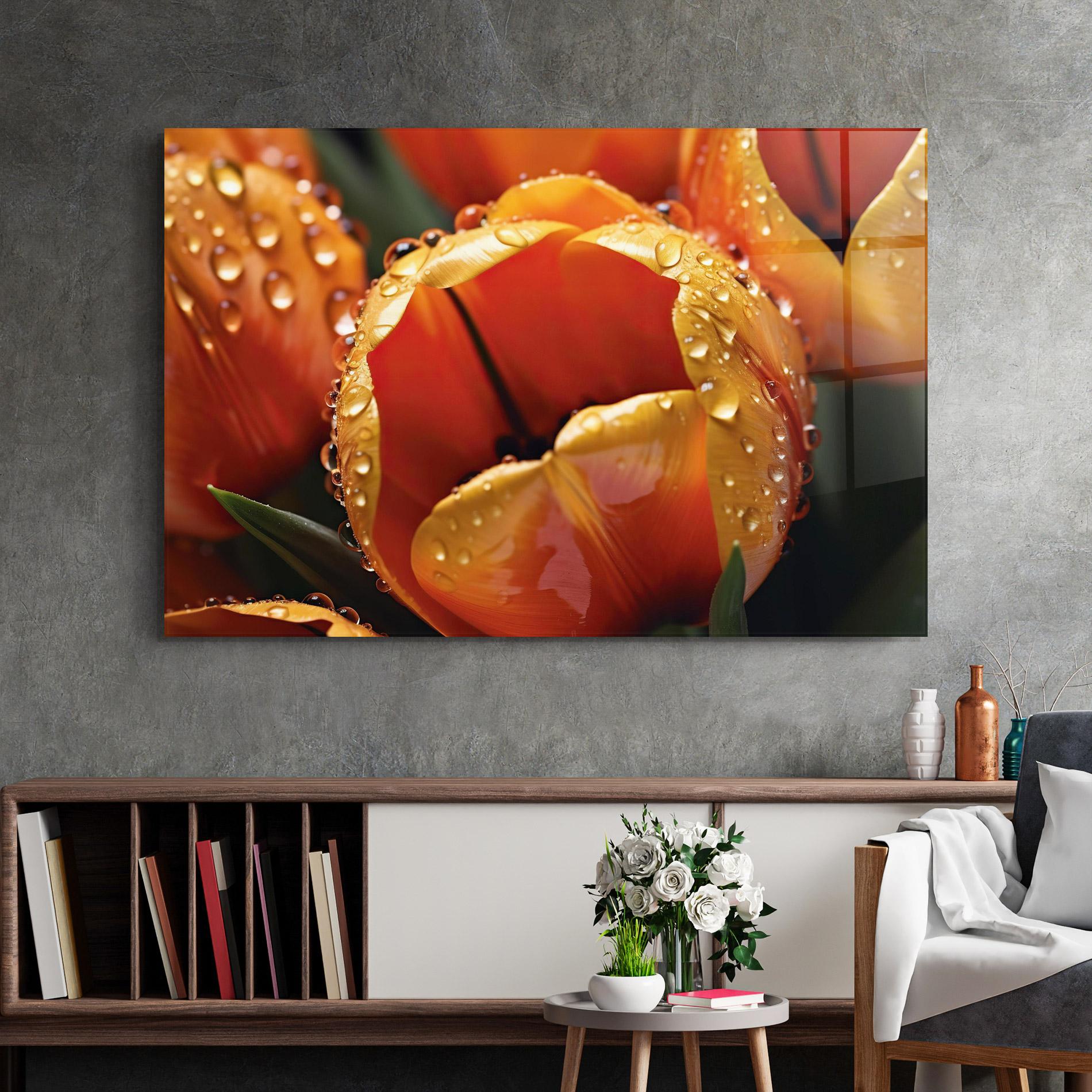 Glasbild Orange Tulip Water Drops mockup 2