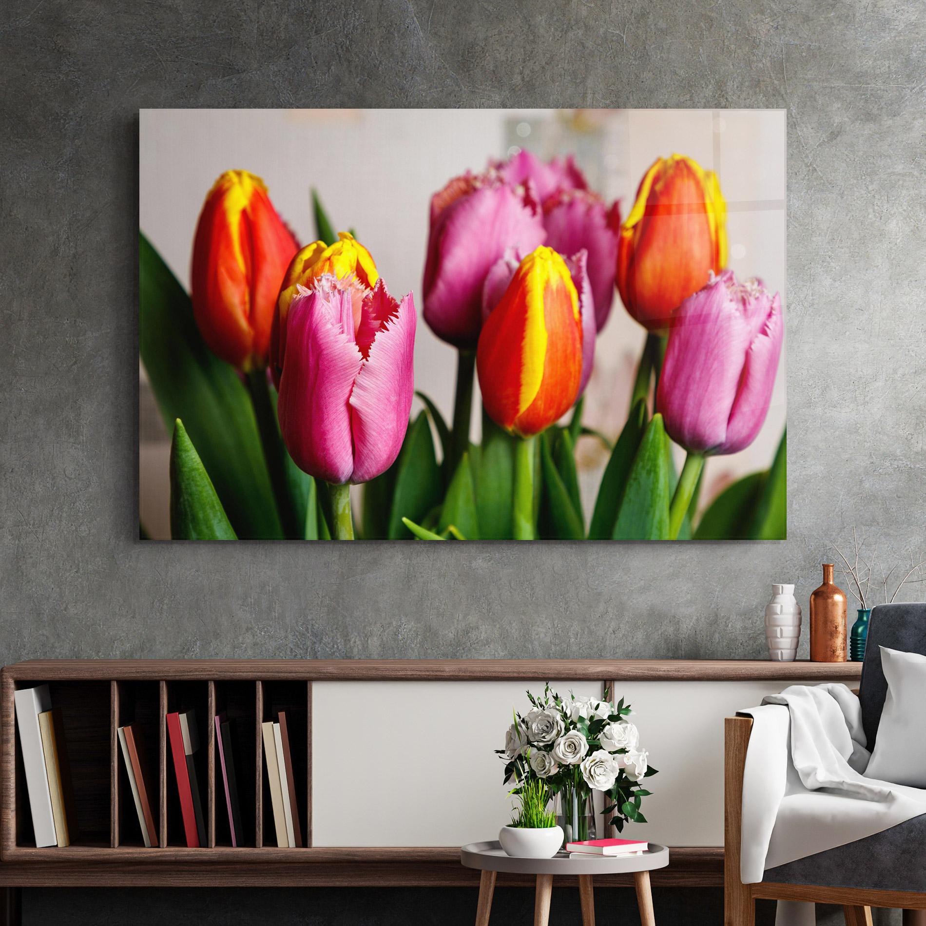 Glasbild Pink Orange Tulips mockup 2