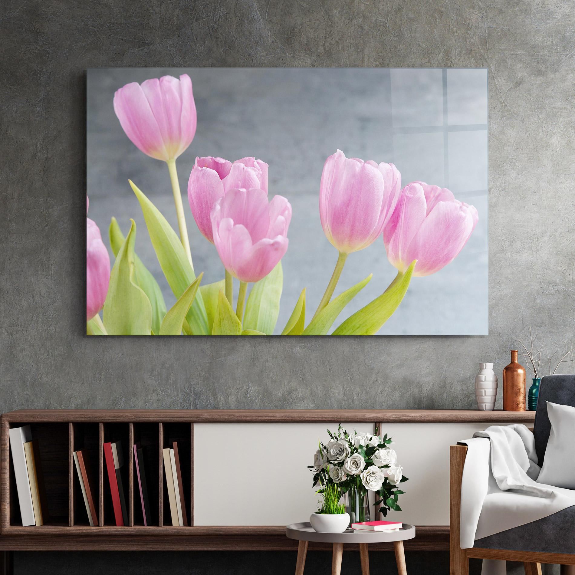 Glasbild Pink Pastel Tulip On Grey mockup 2