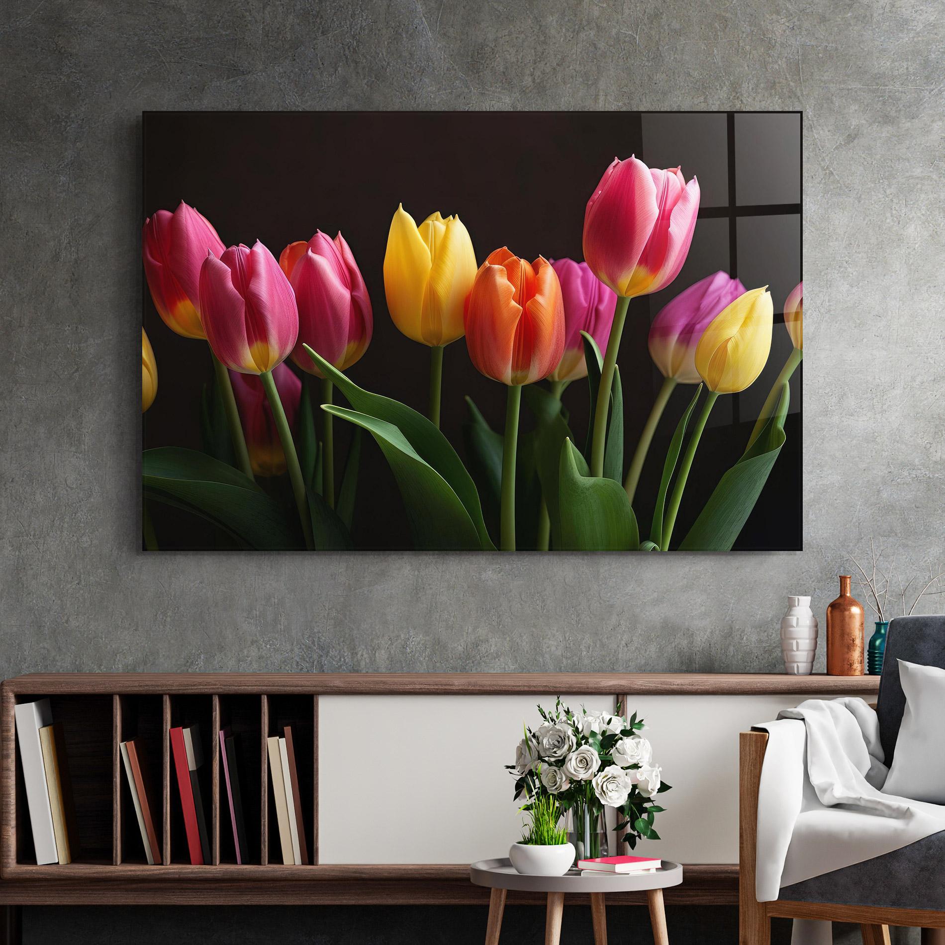 Glasbild Purple Yellow Tulips mockup 2