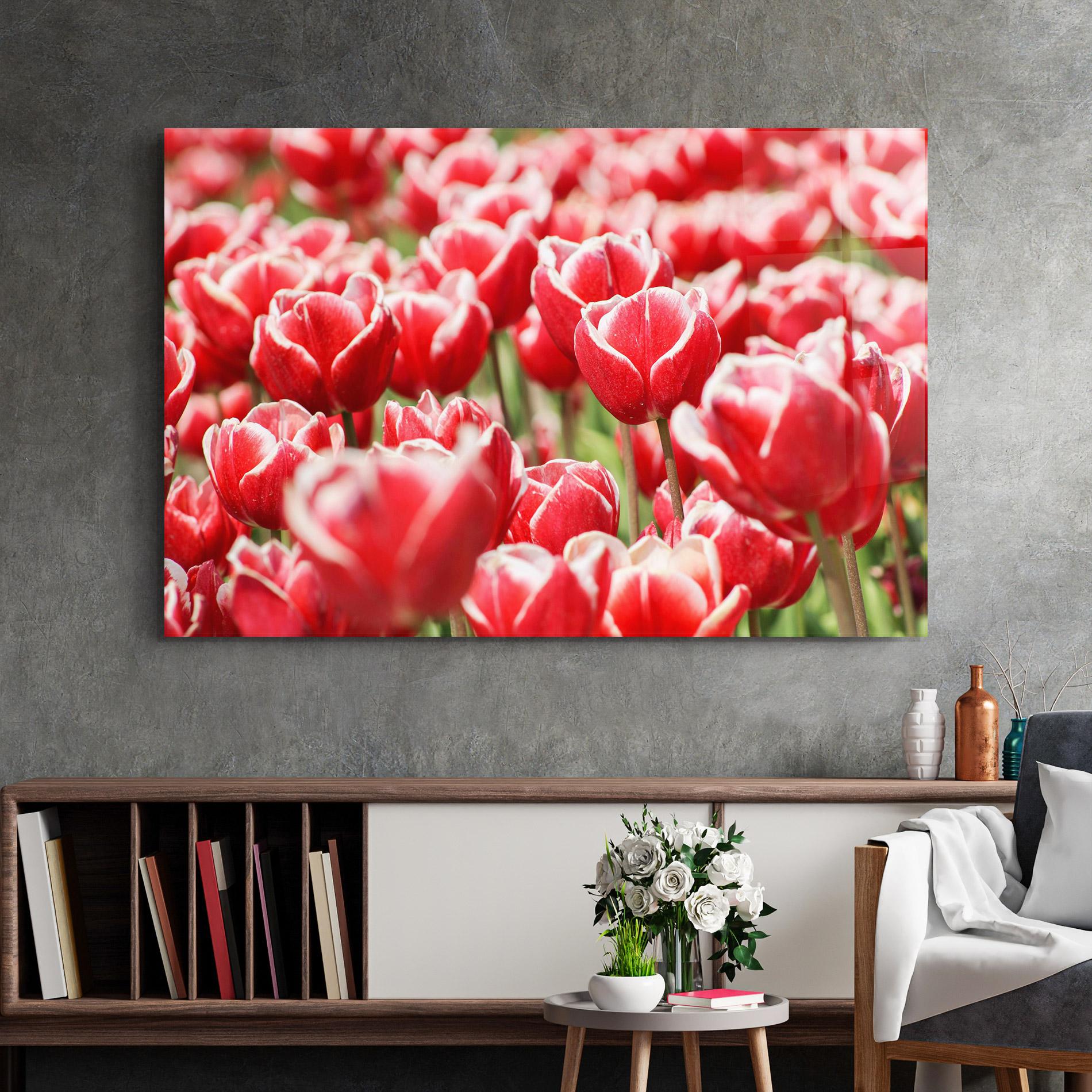 Glasbild Red White Tulips mockup 2