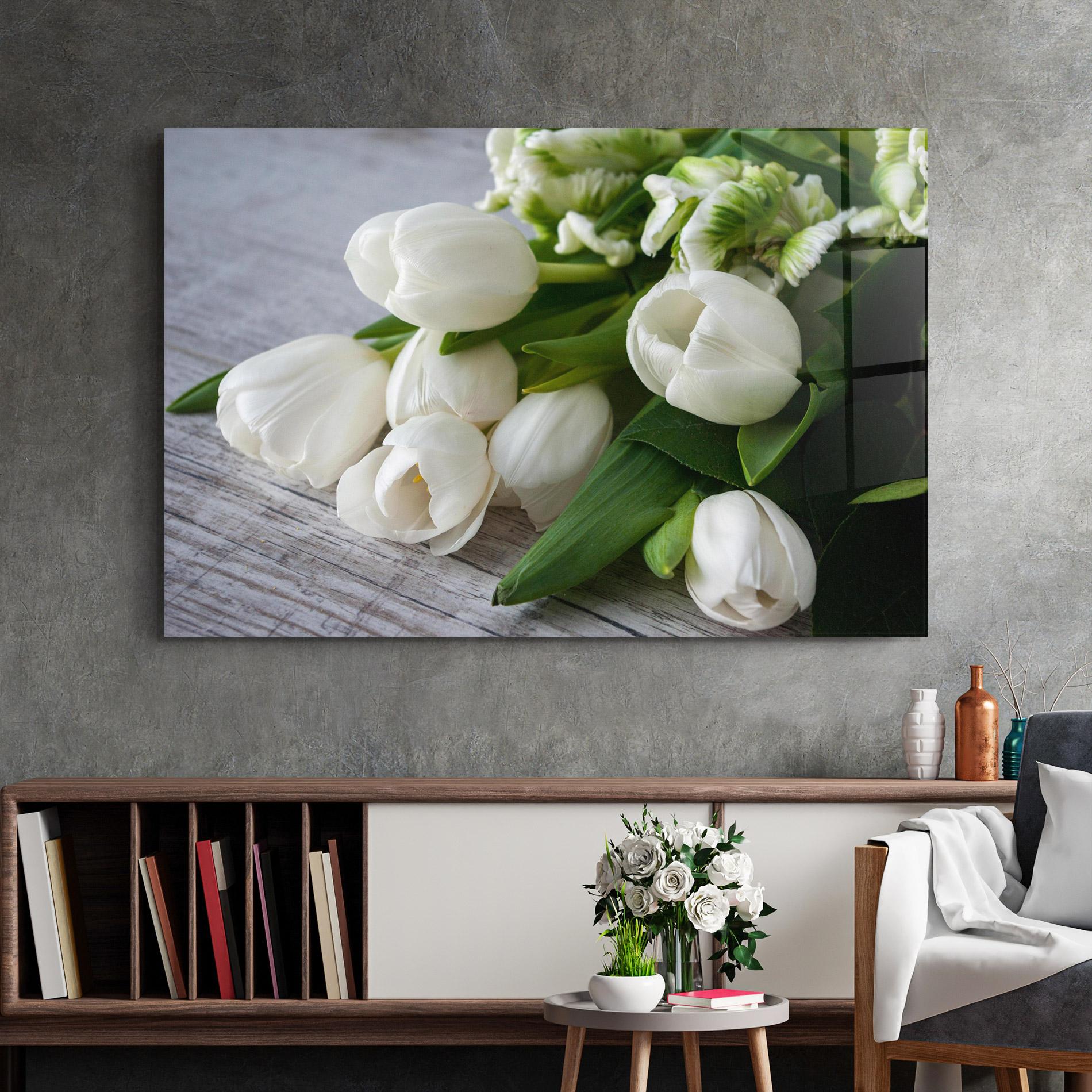 Glasbild White Tulips Bouquet mockup 2