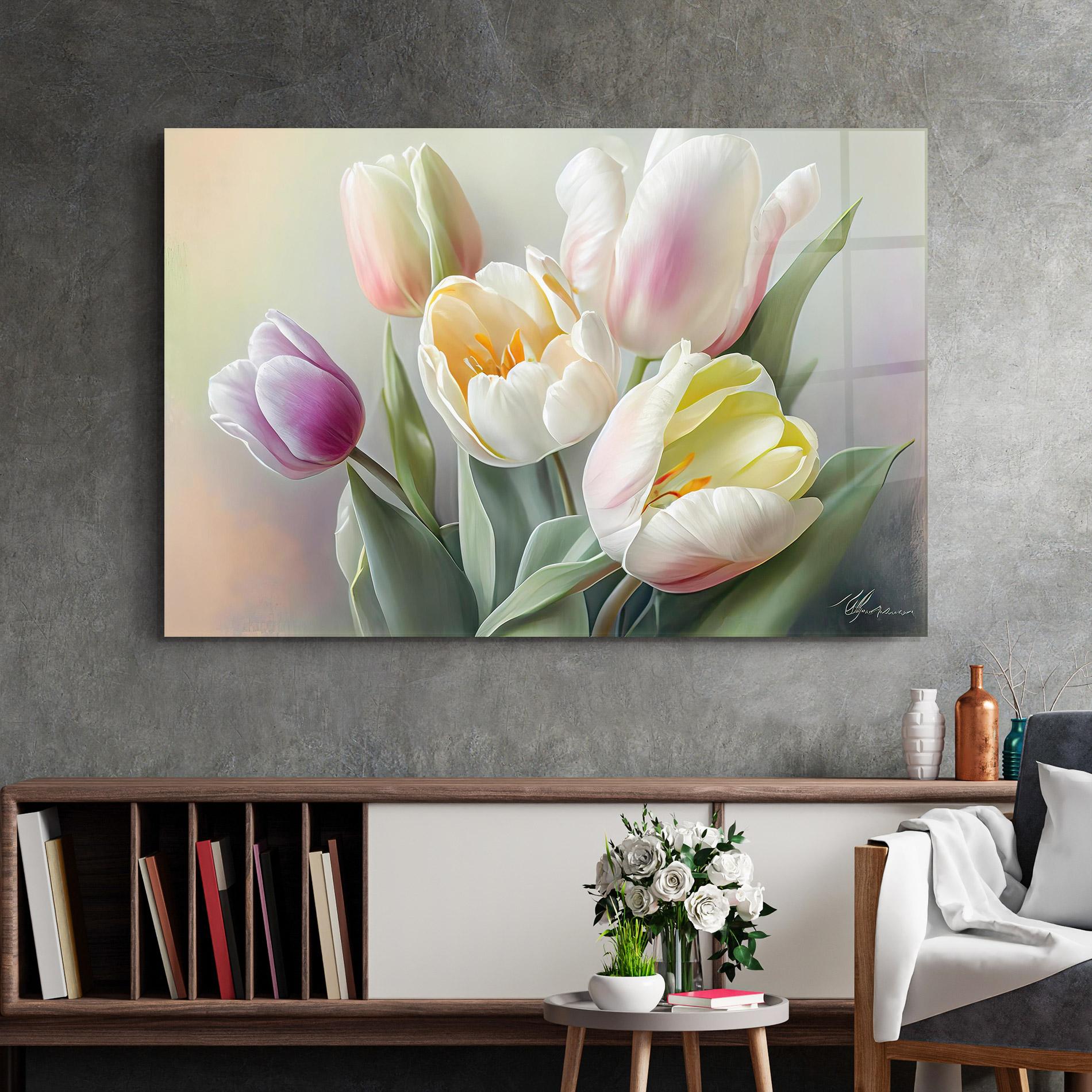 Glasbild White Tulips Painting mockup 2