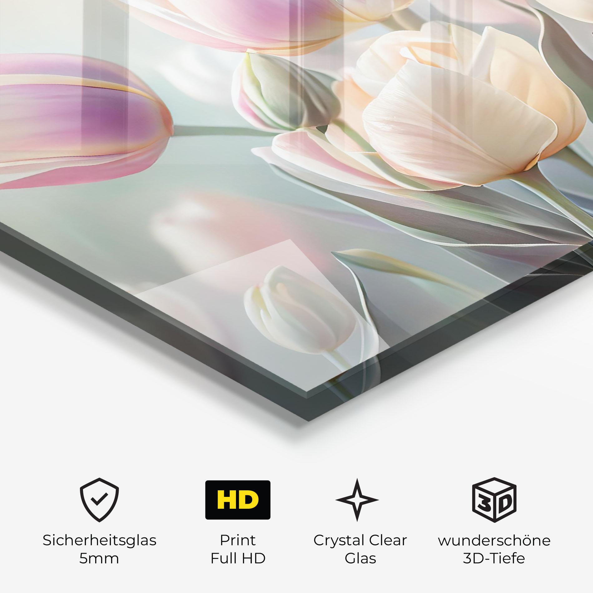 Glasbild Dreamy White Tulips mockup 3