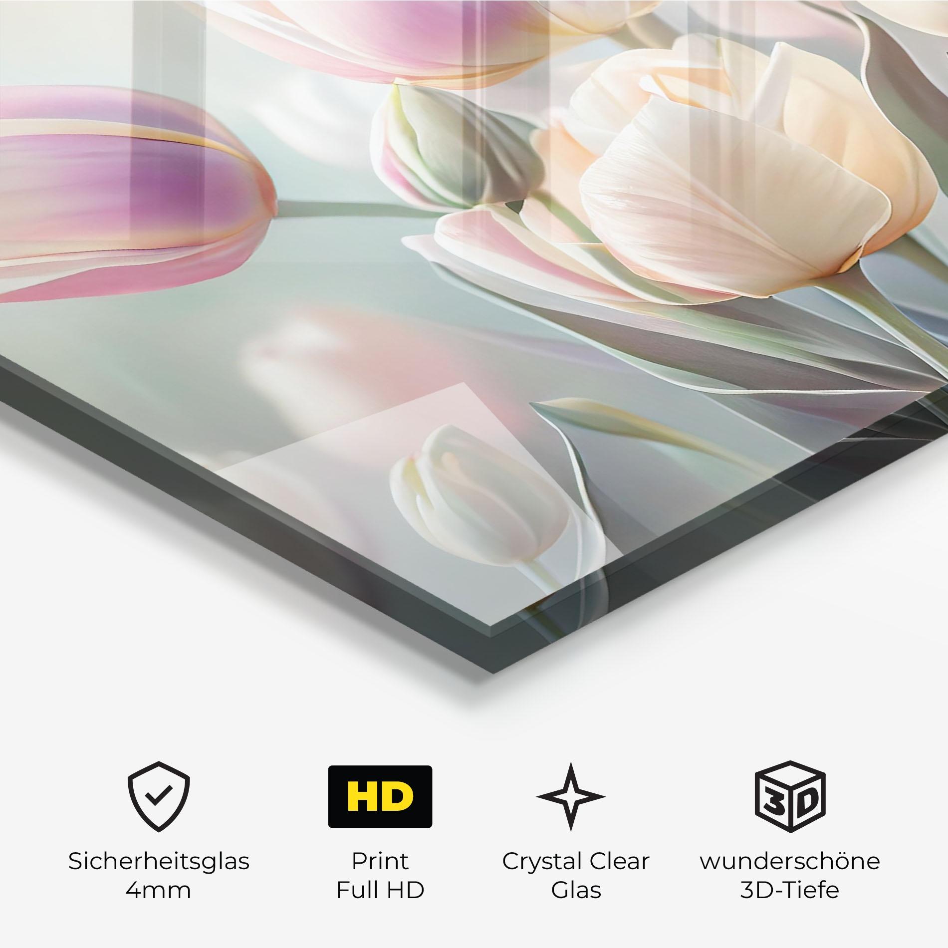 Glasbild Dreamy White Tulips mockup 3