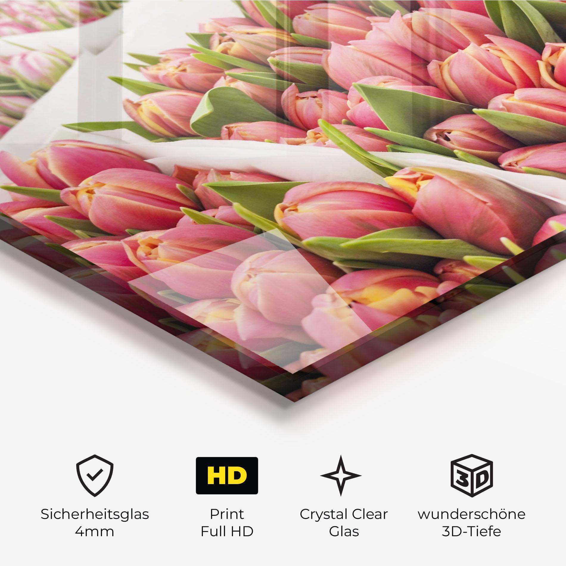 Glasbild Pretty Pink Tulips Bouquet mockup 3