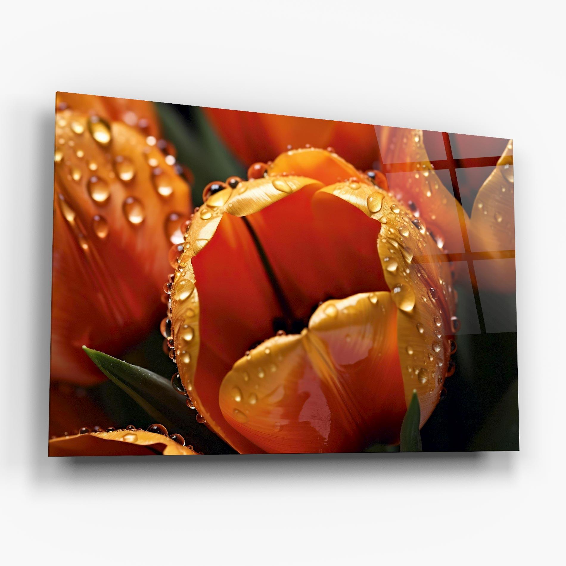 Glasbild Orange Tulip Water Drops mockup 6