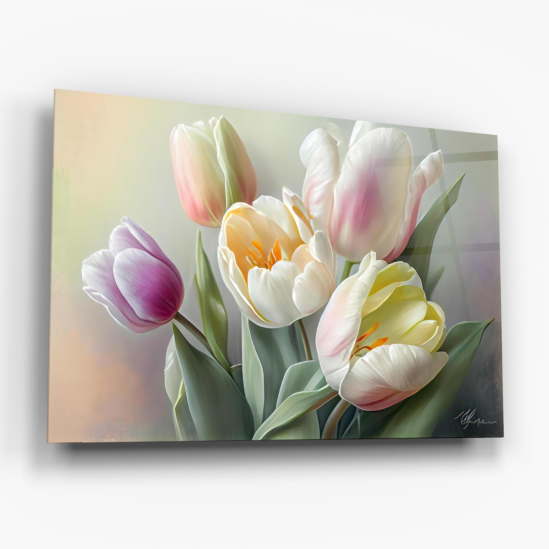 Glasbild White Tulips Painting mockup 6