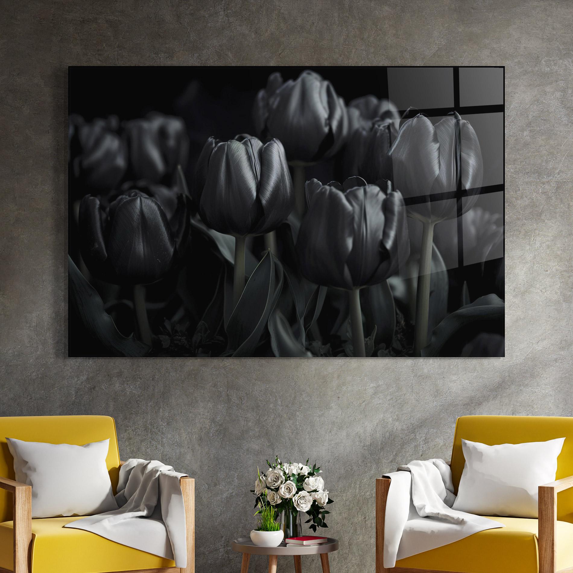 Glasbild Black Tulips mockup 4