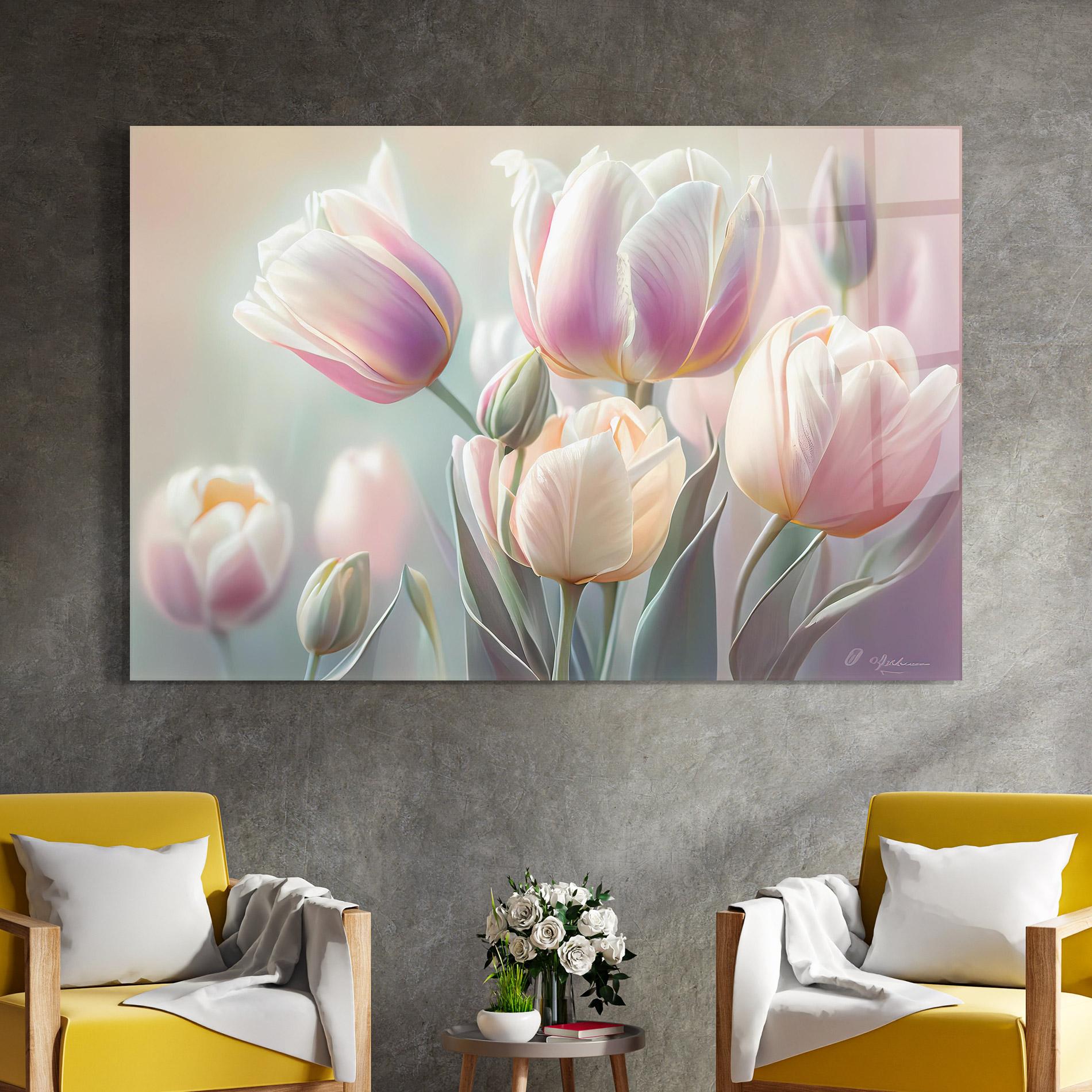 Glasbild Dreamy White Tulips mockup 4