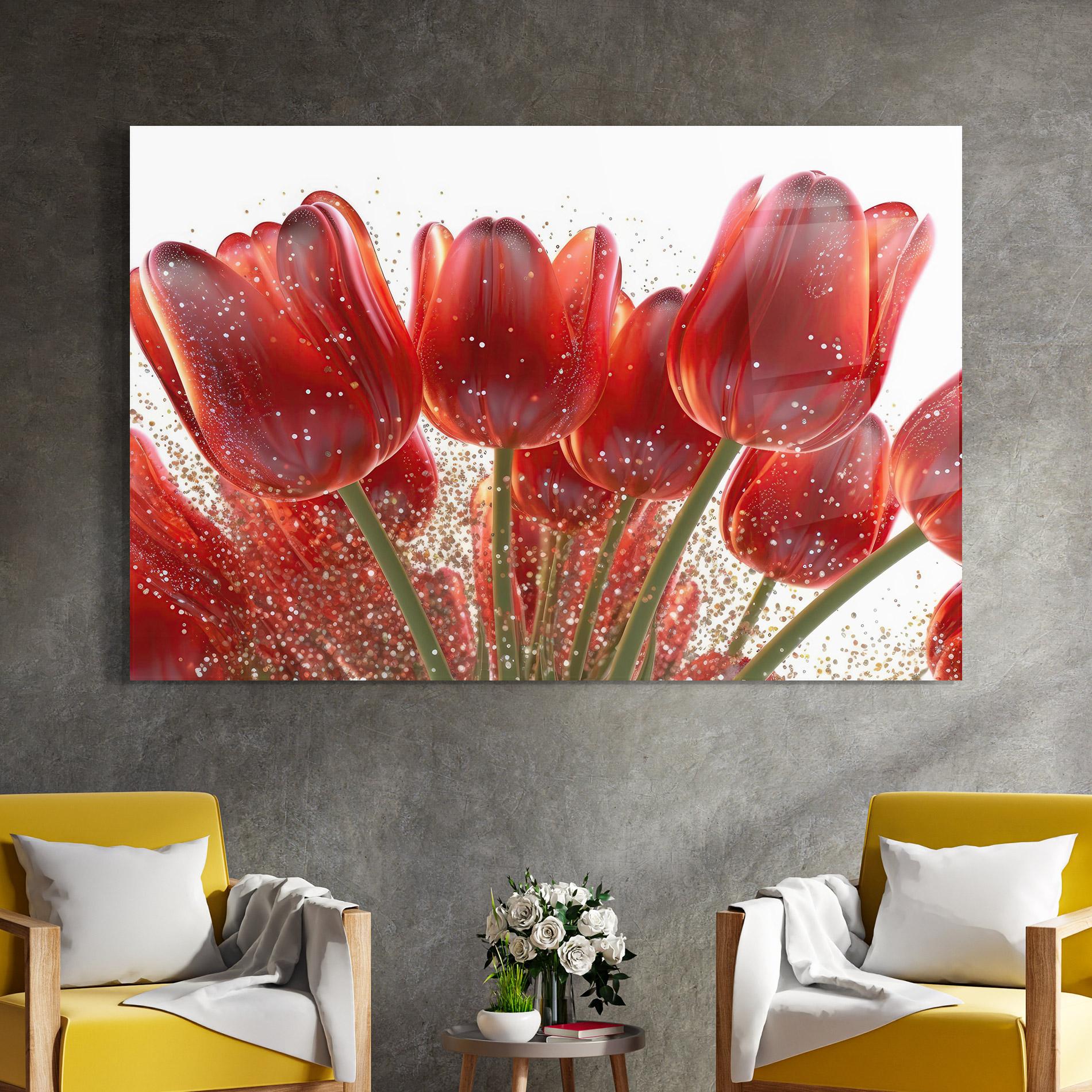 Glasbild Glitter Red Tulips mockup 4