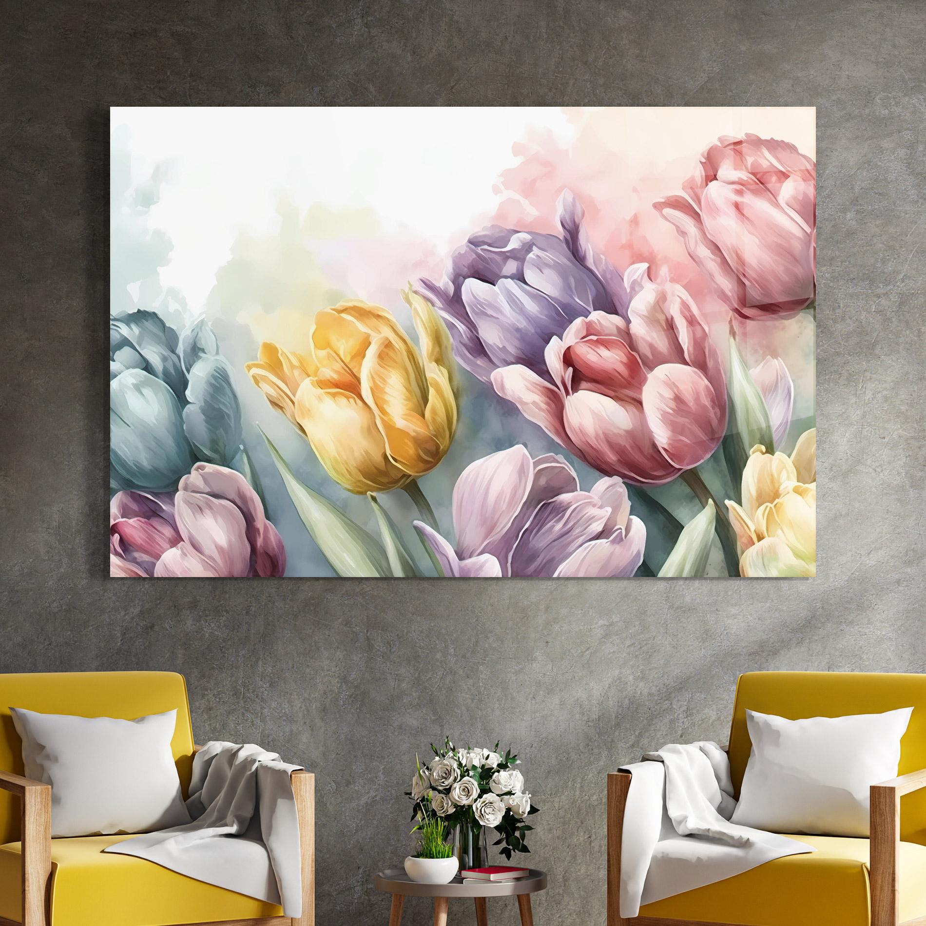Glasbild Pastel Tulips mockup 4