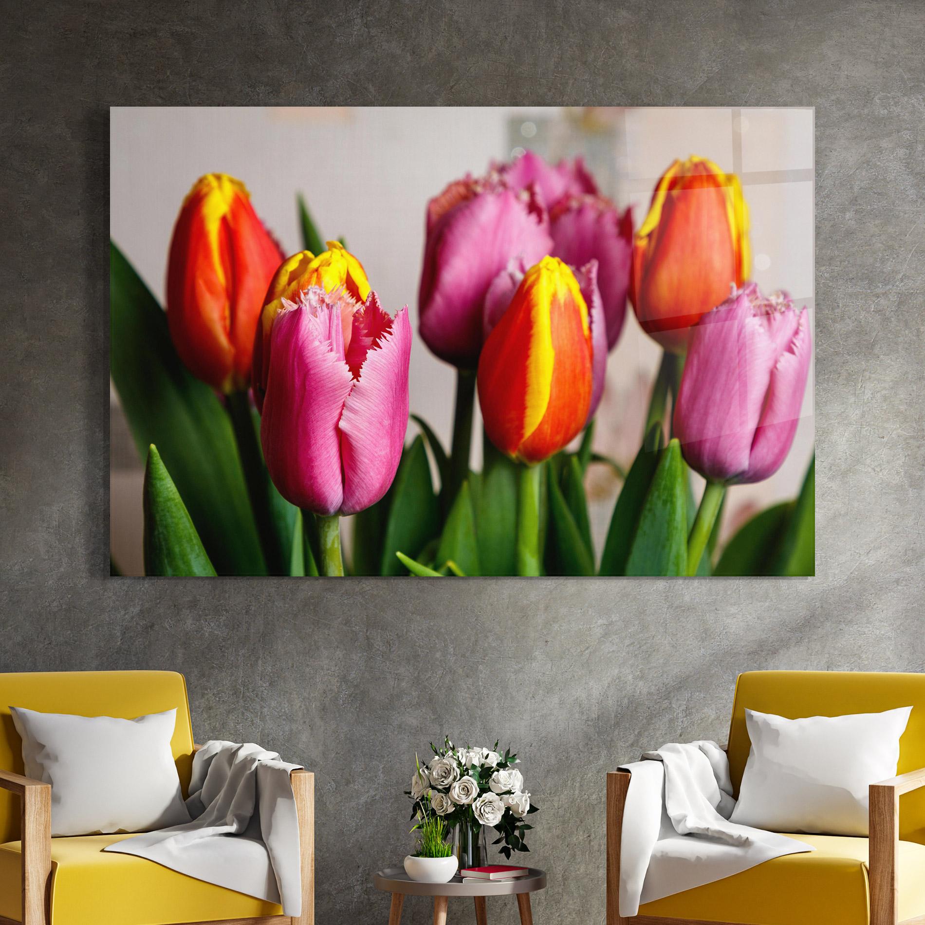 Glasbild Pink Orange Tulips mockup 4