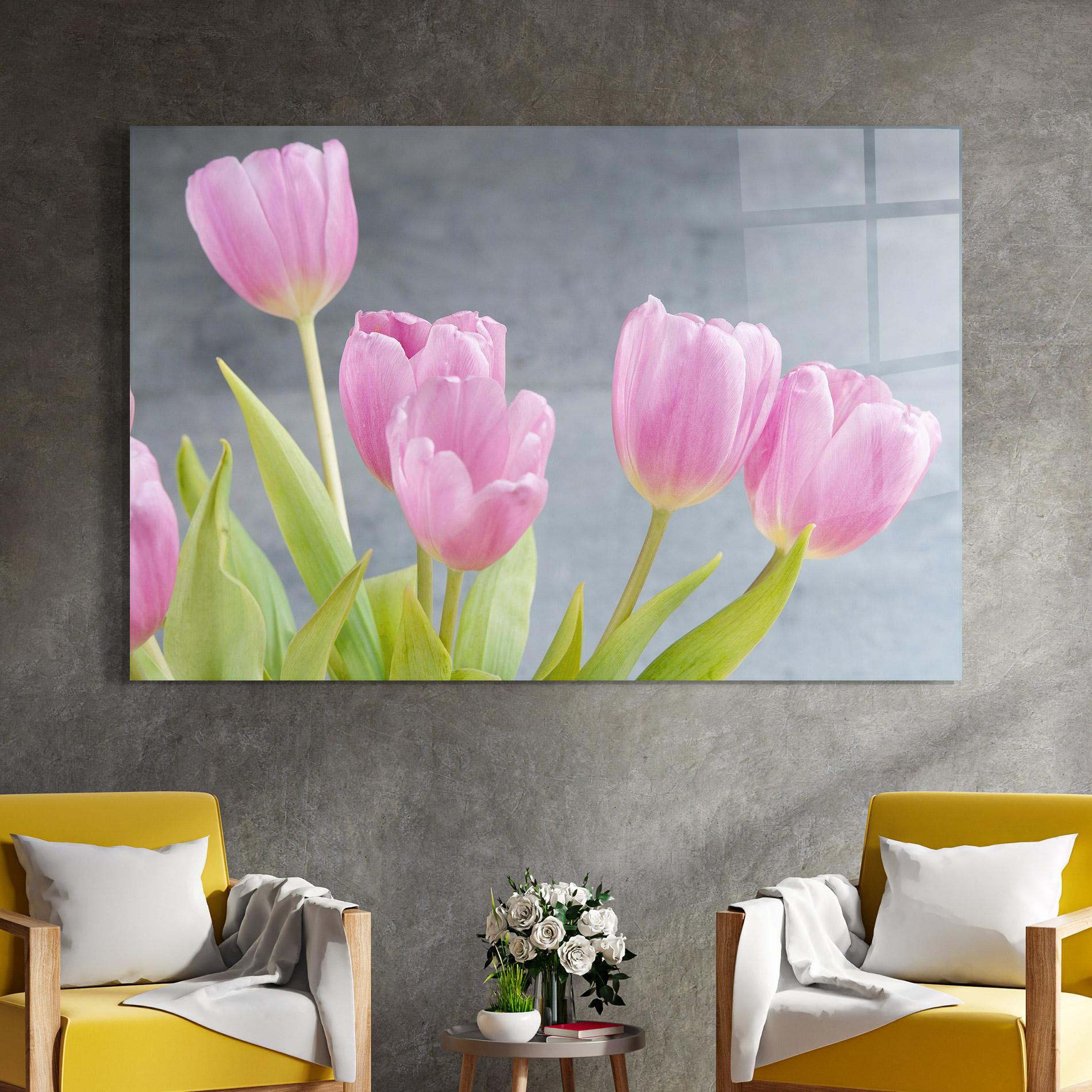 Glasbild Pink Pastel Tulip On Grey mockup 4