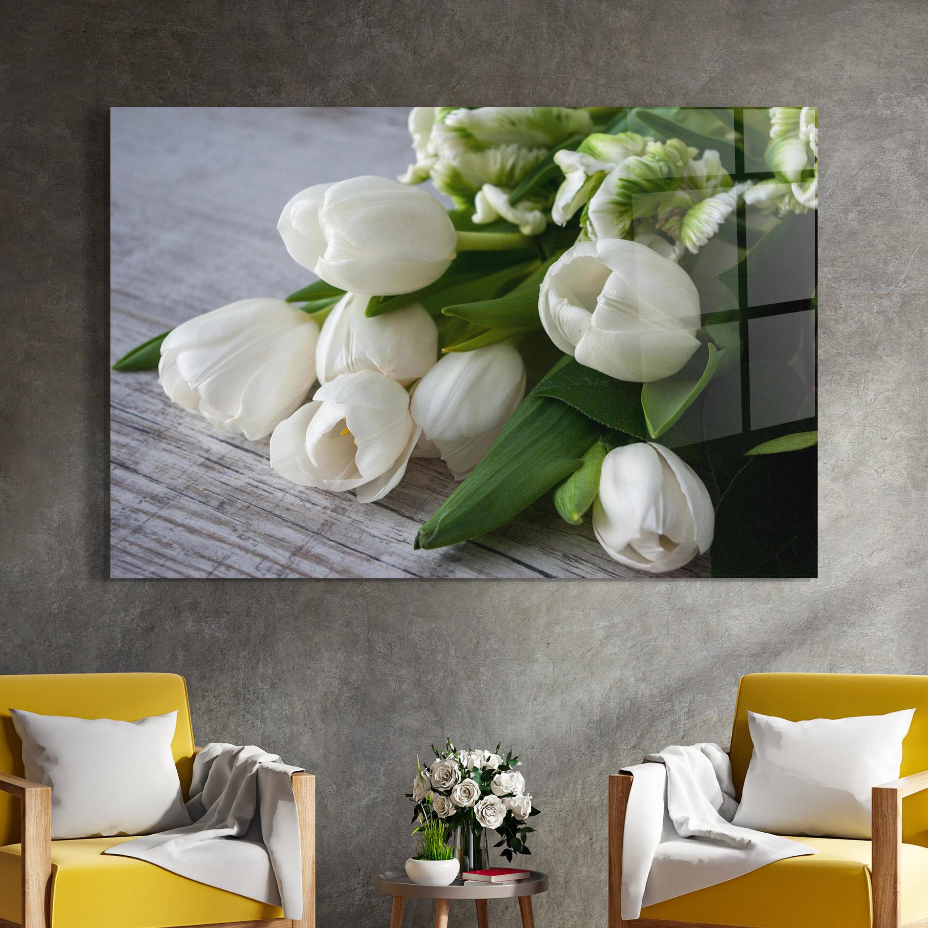 Glasbild White Tulips Bouquet mockup 4
