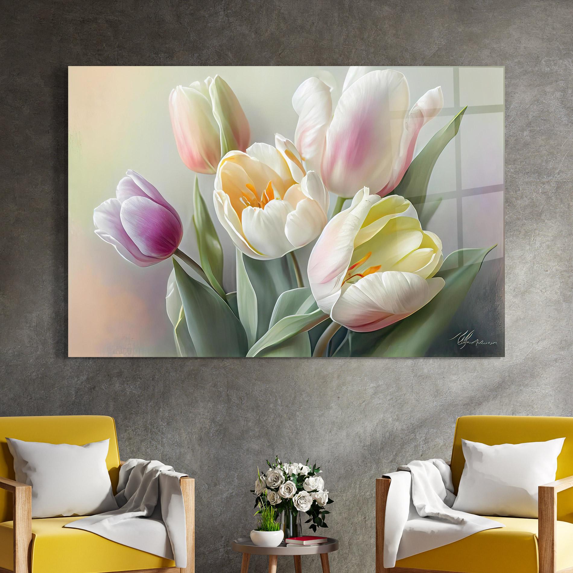 Glasbild White Tulips Painting mockup 4