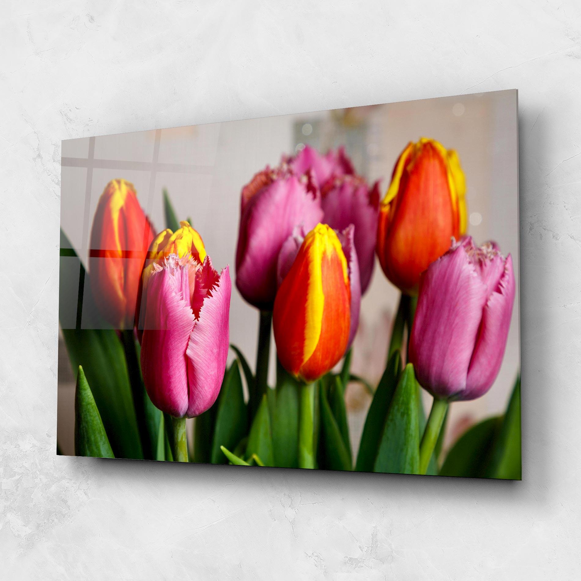 Glasbild Pink Orange Tulips mockup 1
