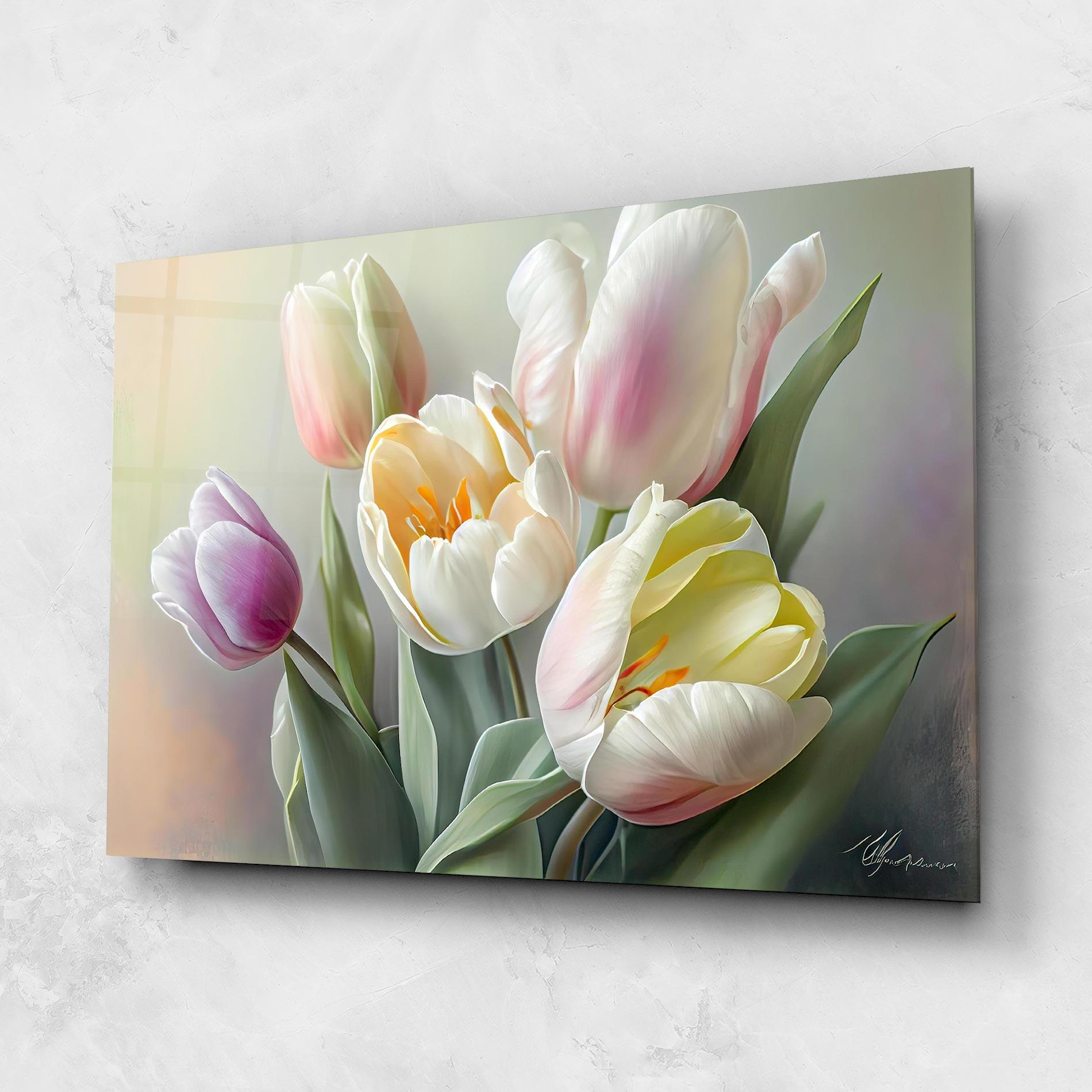 Glasbild White Tulips Painting mockup 1