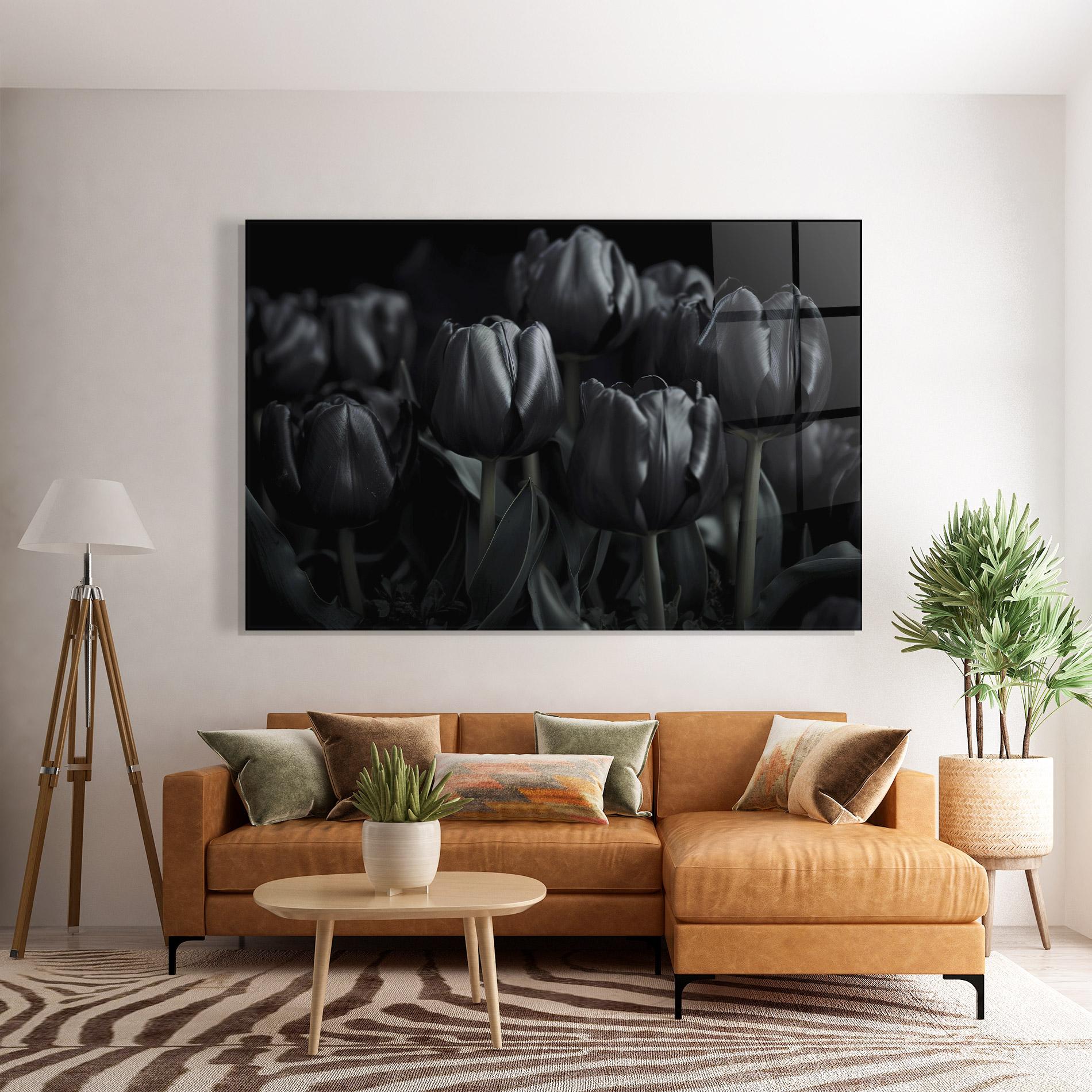 Glasbild Black Tulips mockup 7
