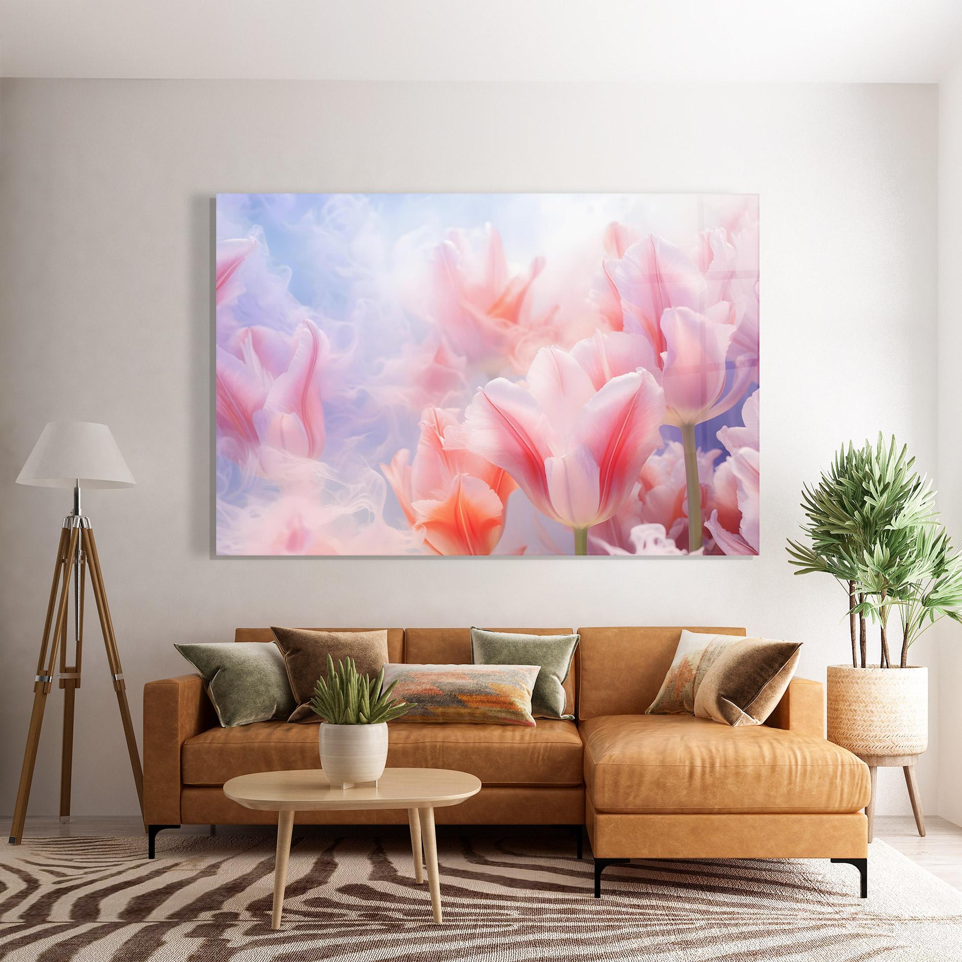 Glasbild Dreamy Pink Tulips mockup 7