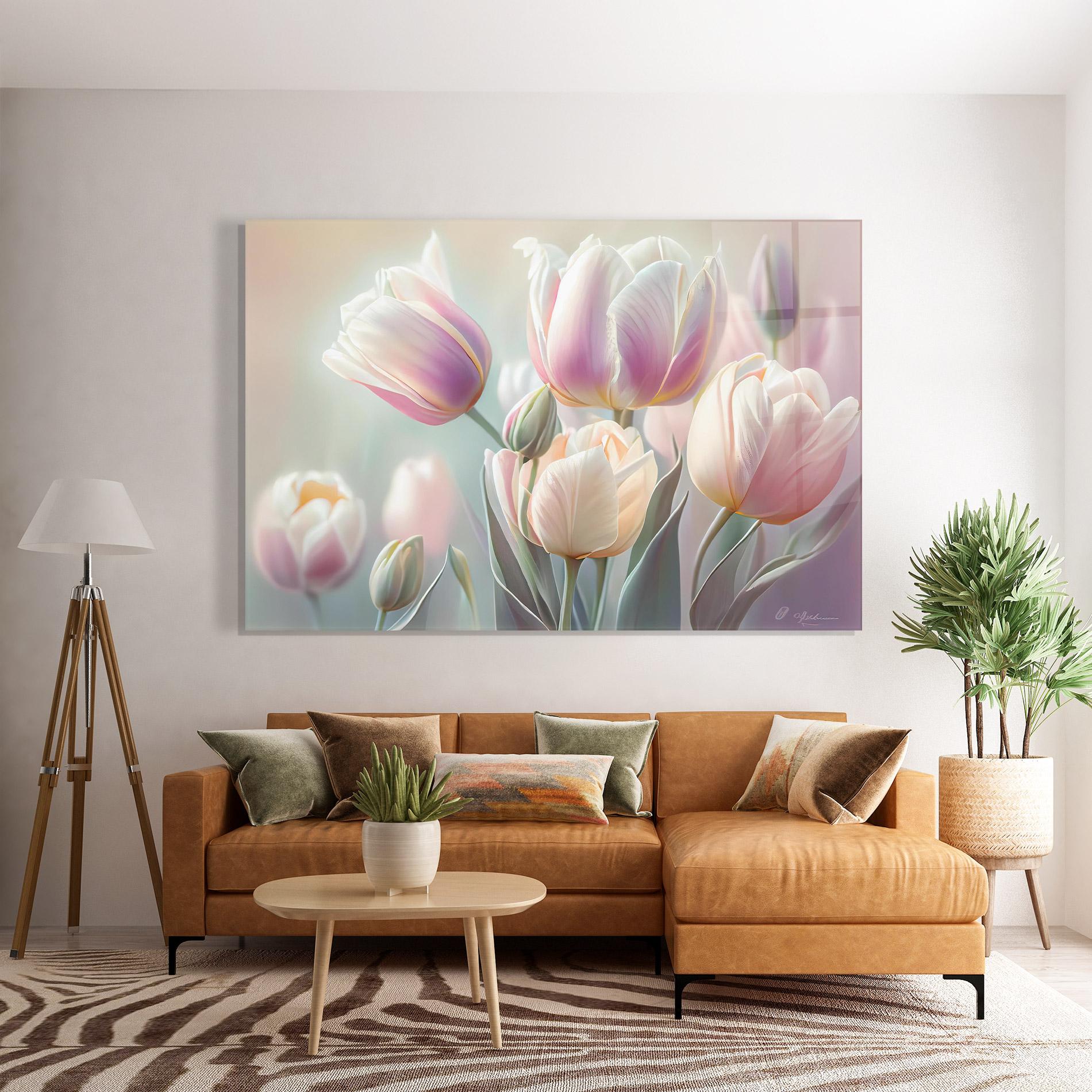 Glasbild Dreamy White Tulips mockup 7