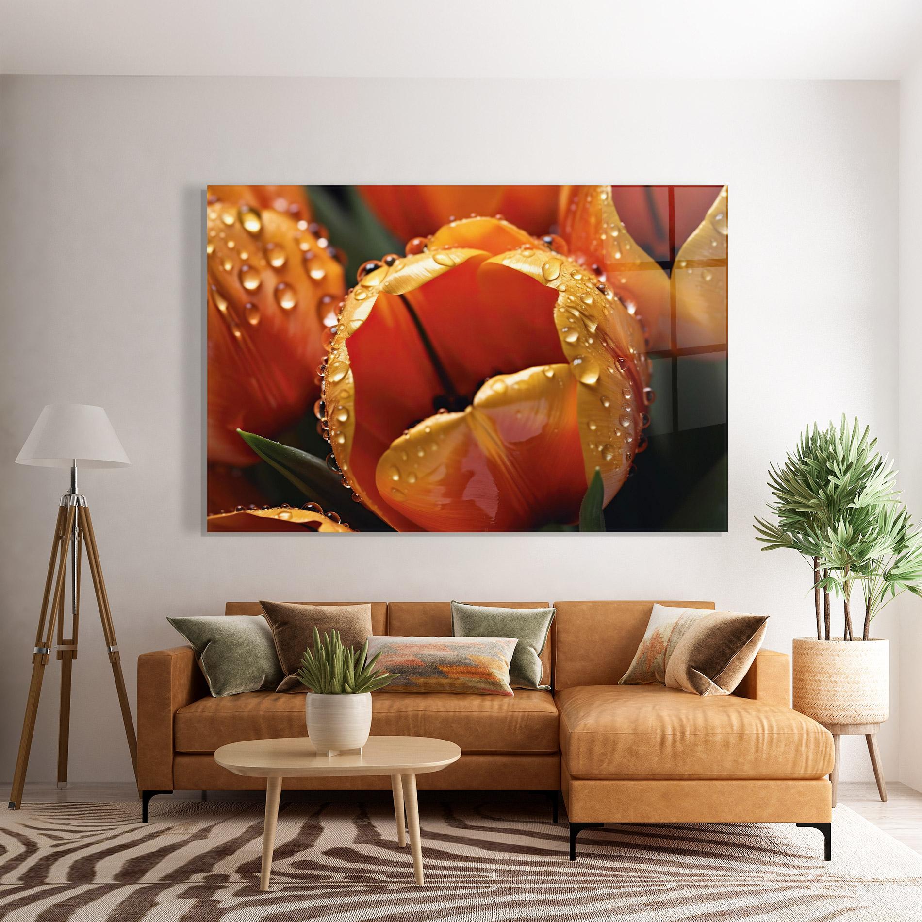 Glasbild Orange Tulip Water Drops mockup 7