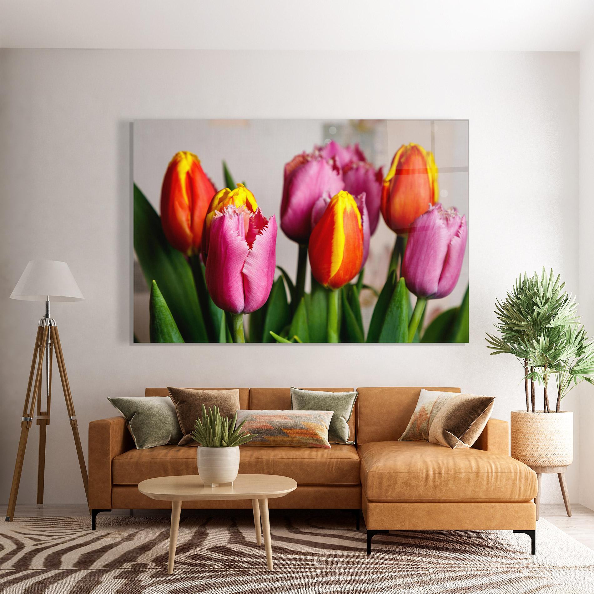 Glasbild Pink Orange Tulips mockup 7