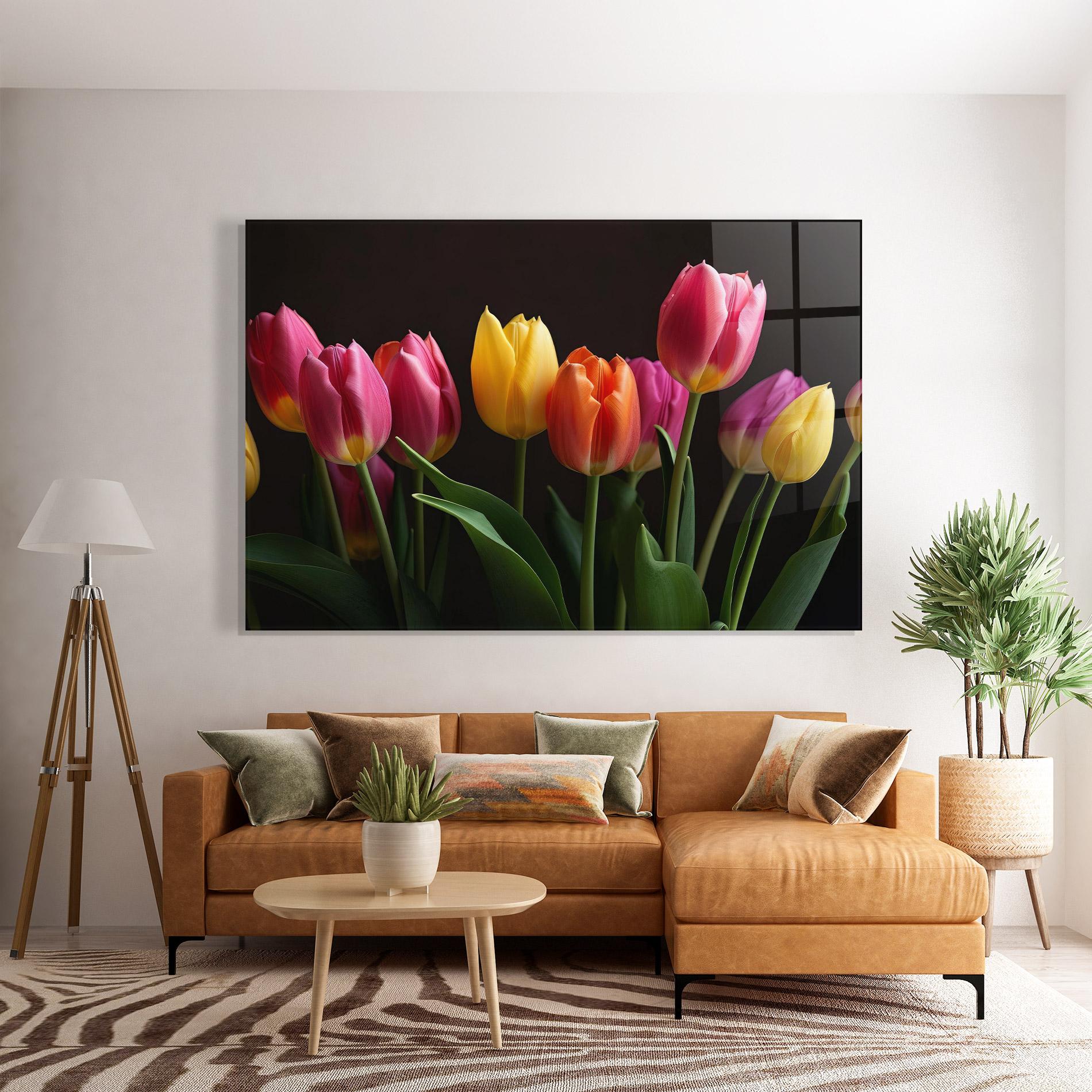 Glasbild Purple Yellow Tulips mockup 7