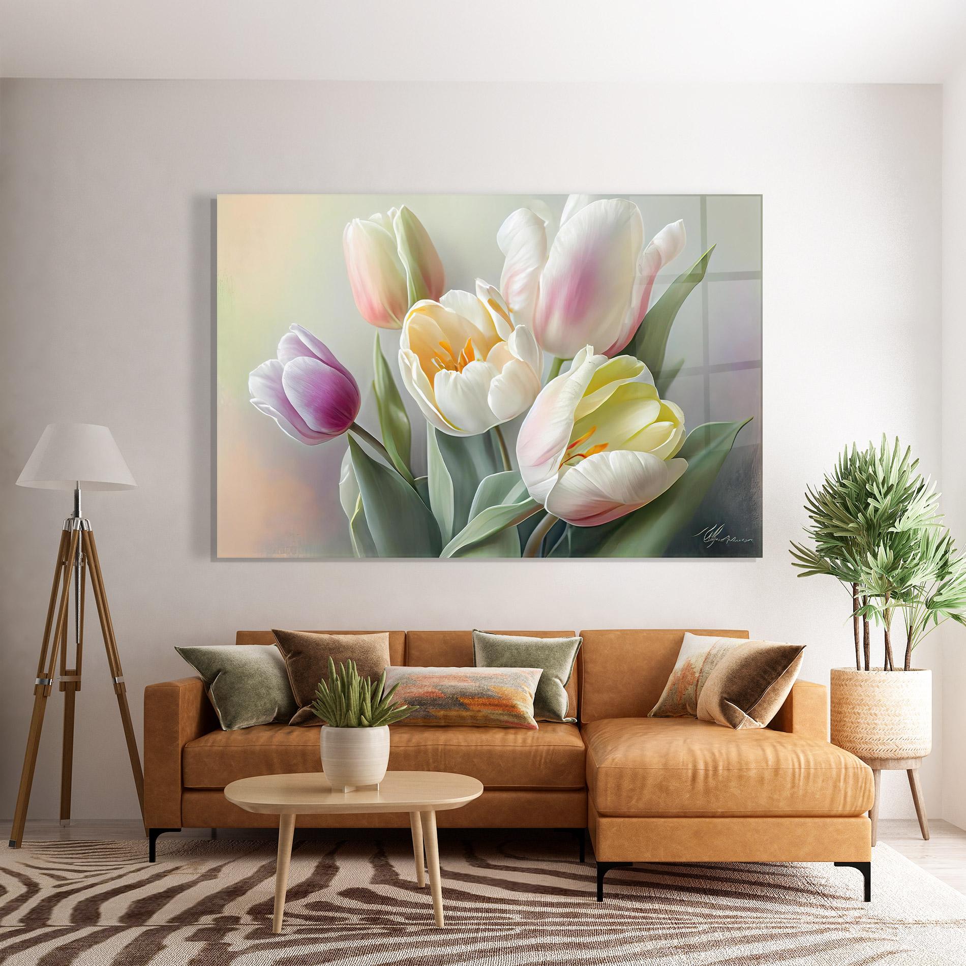 Glasbild White Tulips Painting mockup 7