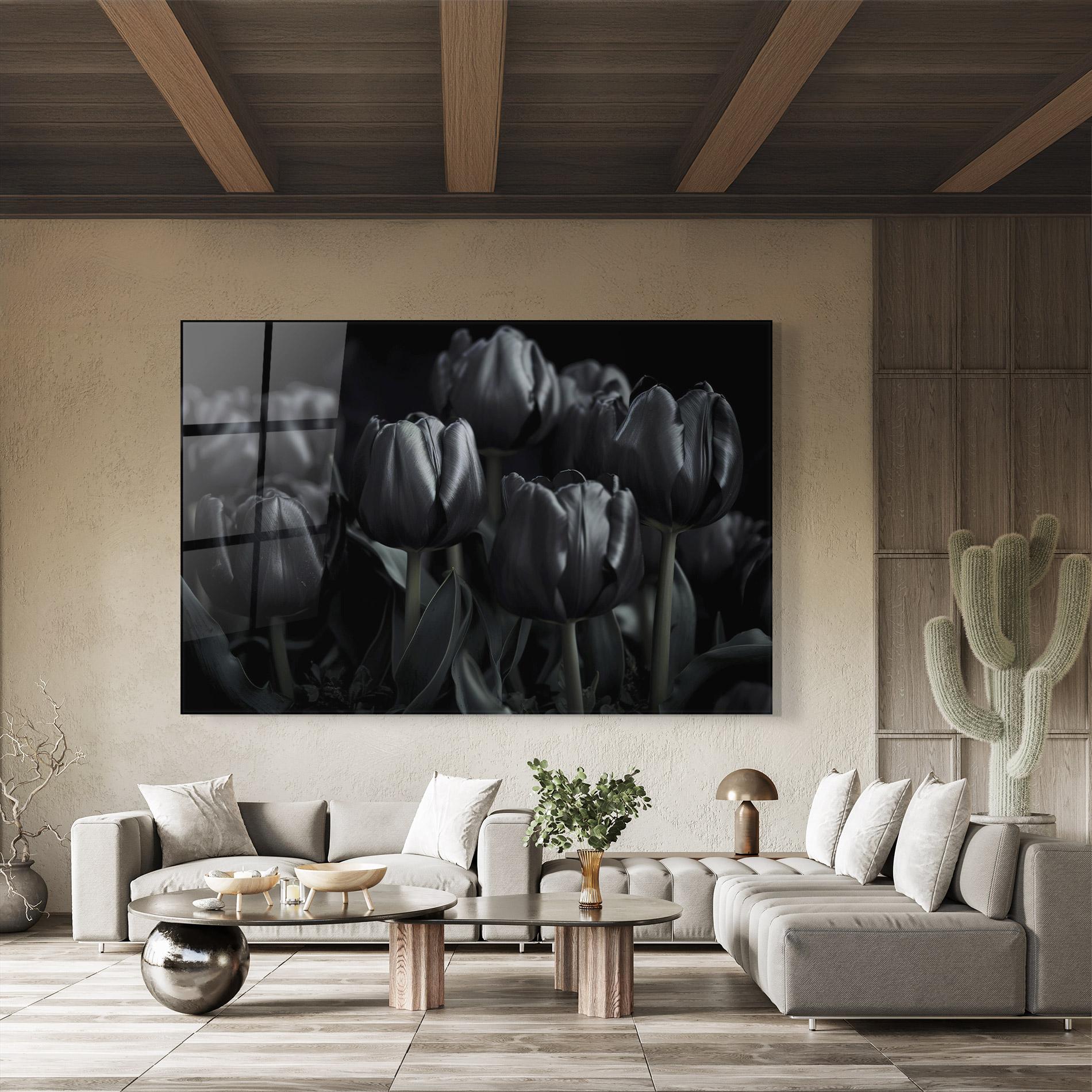 Glasbild Black Tulips mockup 8