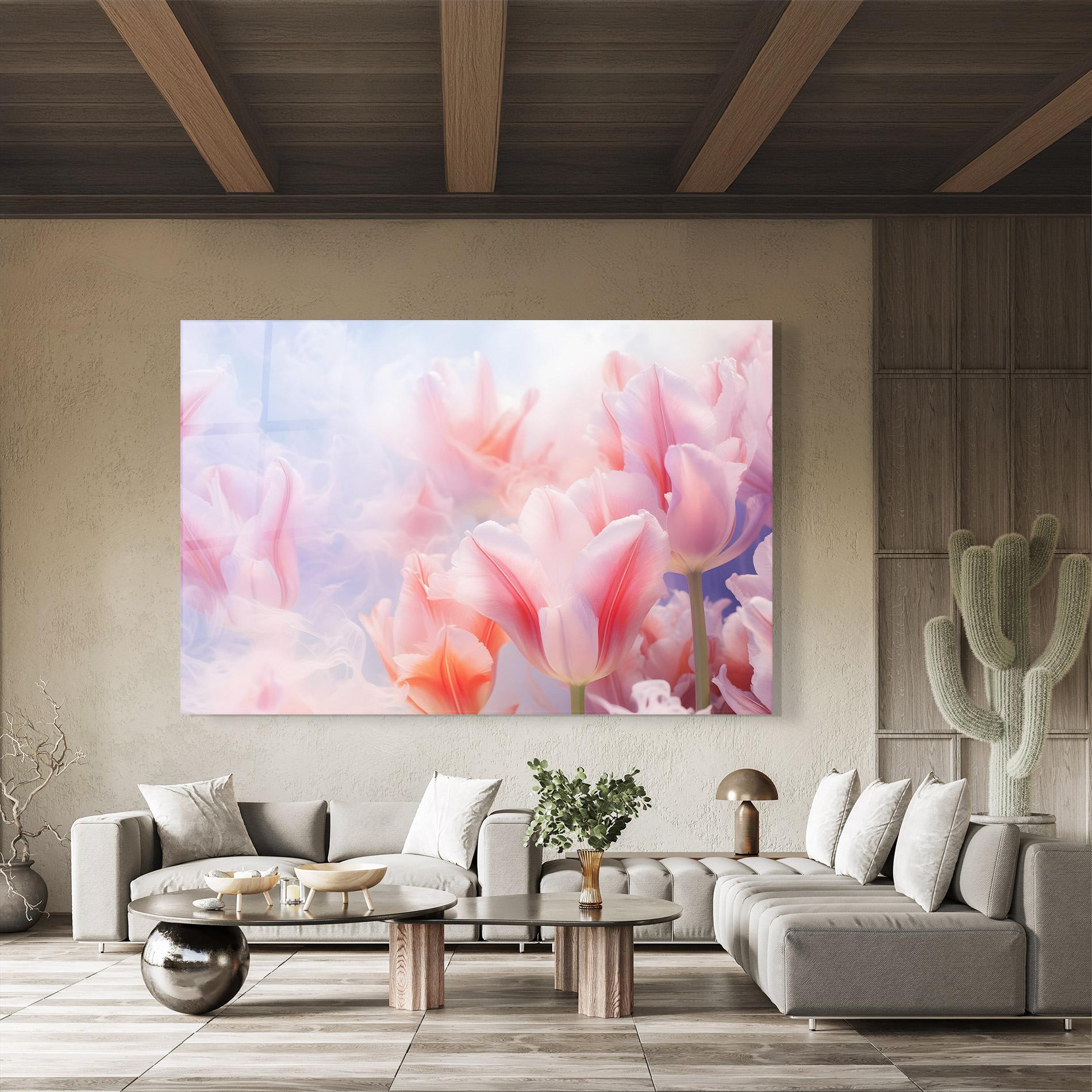 Glasbild Dreamy Pink Tulips mockup 8