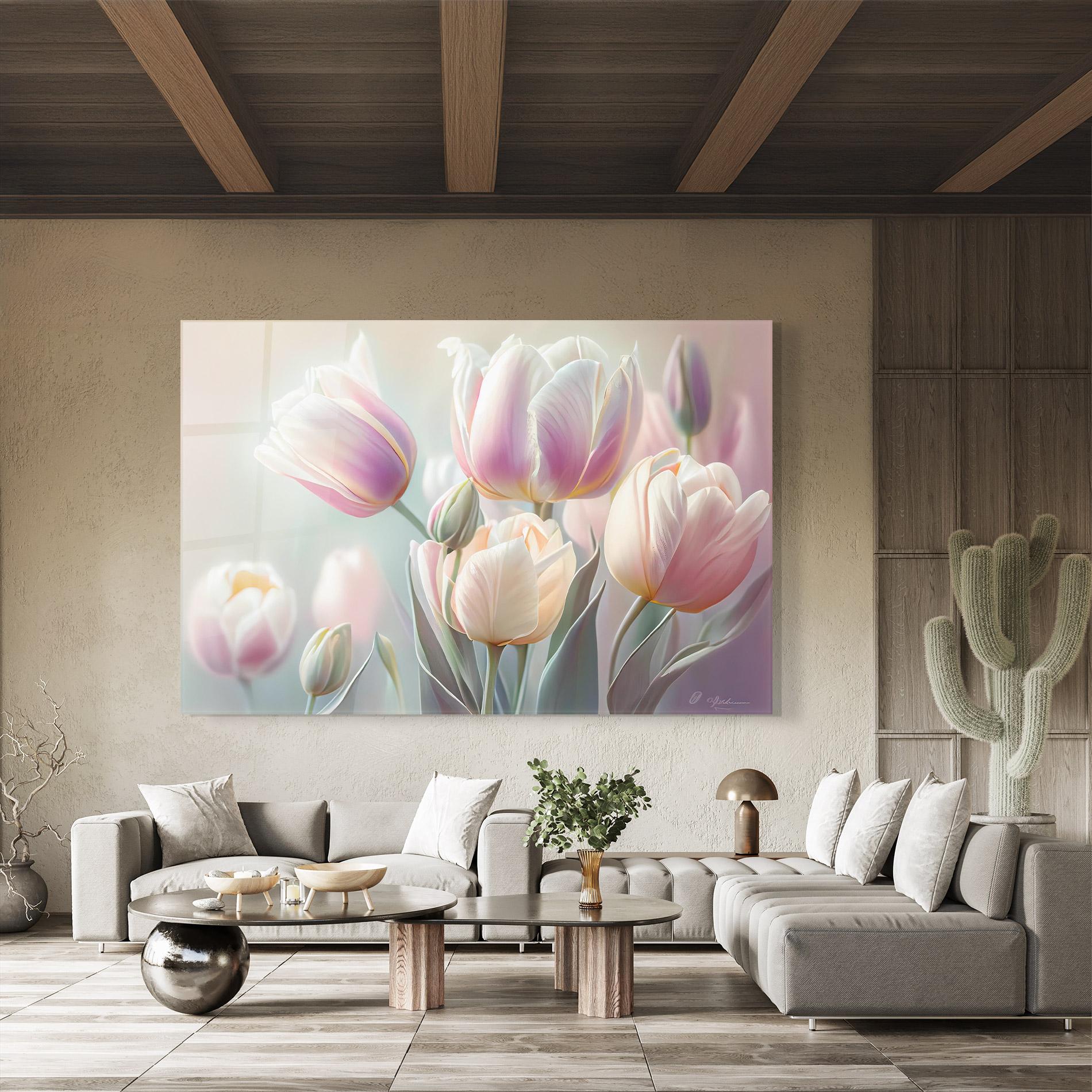 Glasbild Dreamy White Tulips mockup 8