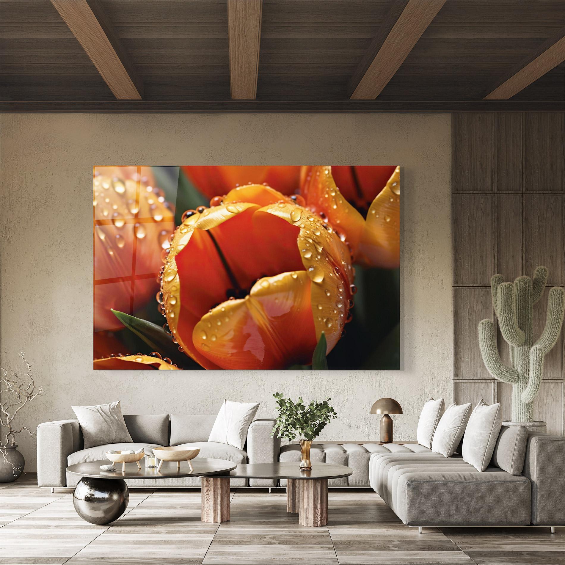 Glasbild Orange Tulip Water Drops mockup 8