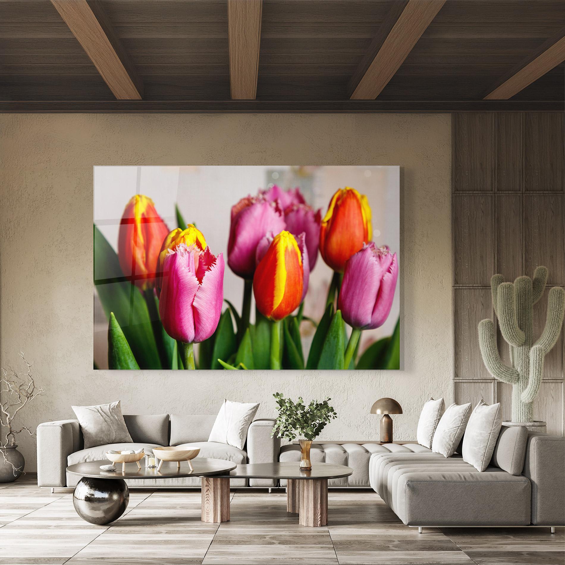 Glasbild Pink Orange Tulips mockup 8