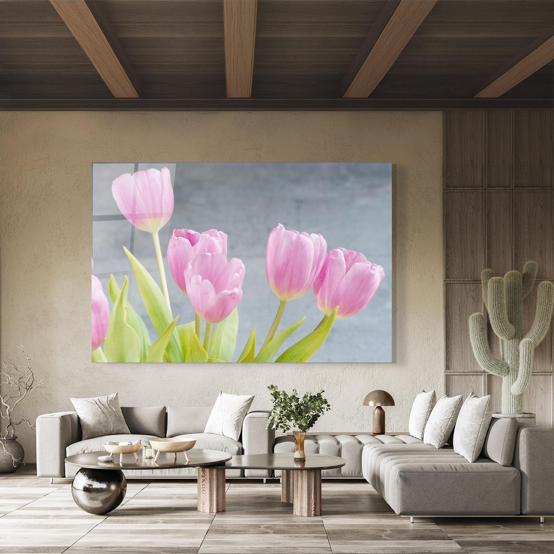 Glasbild Pink Pastel Tulip On Grey mockup 8