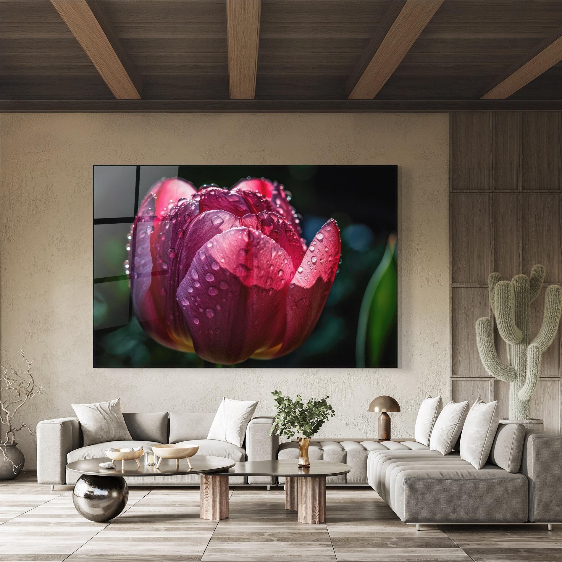 Glasbild Pink Tulip After Rain mockup 8