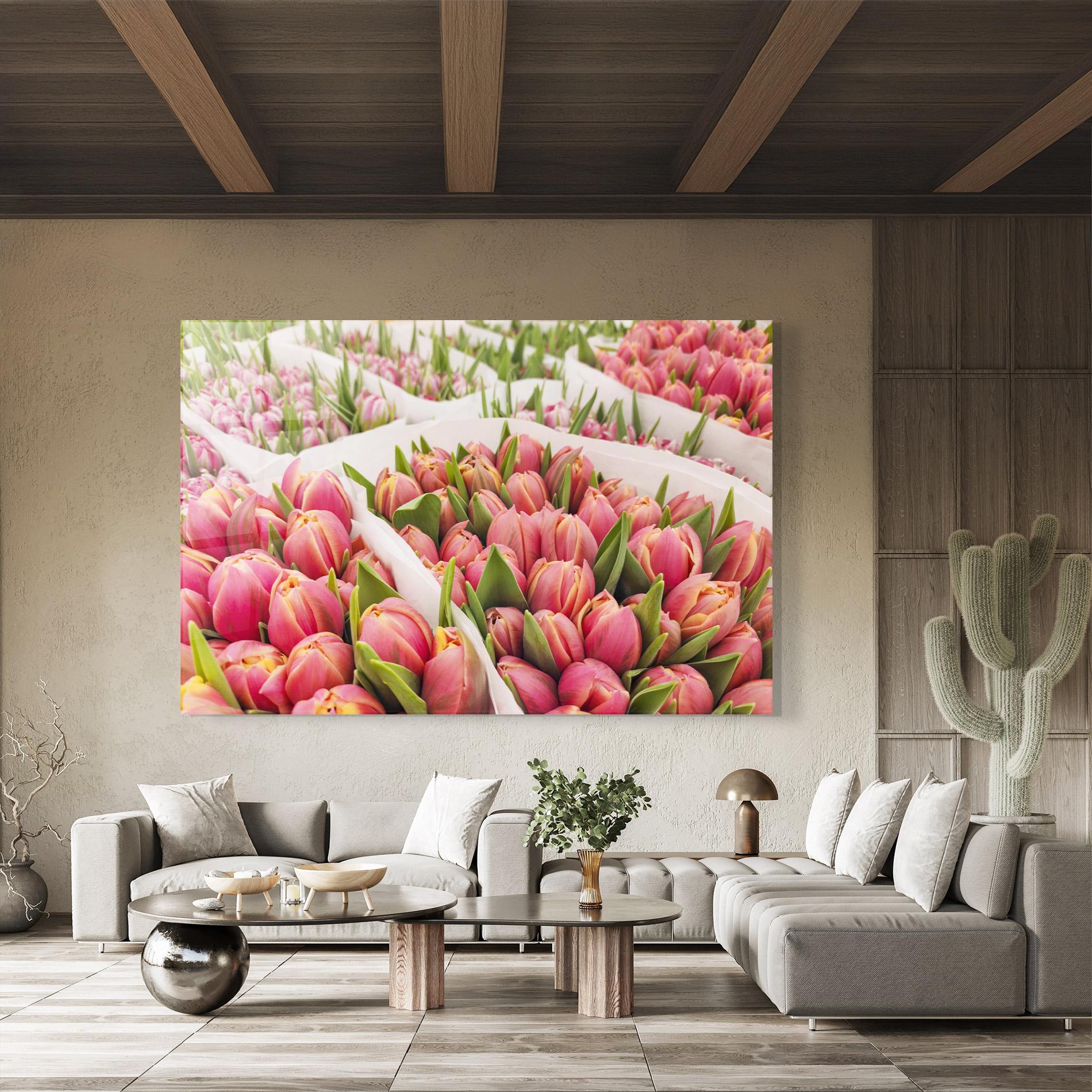 Glasbild Pretty Pink Tulips Bouquet mockup 8