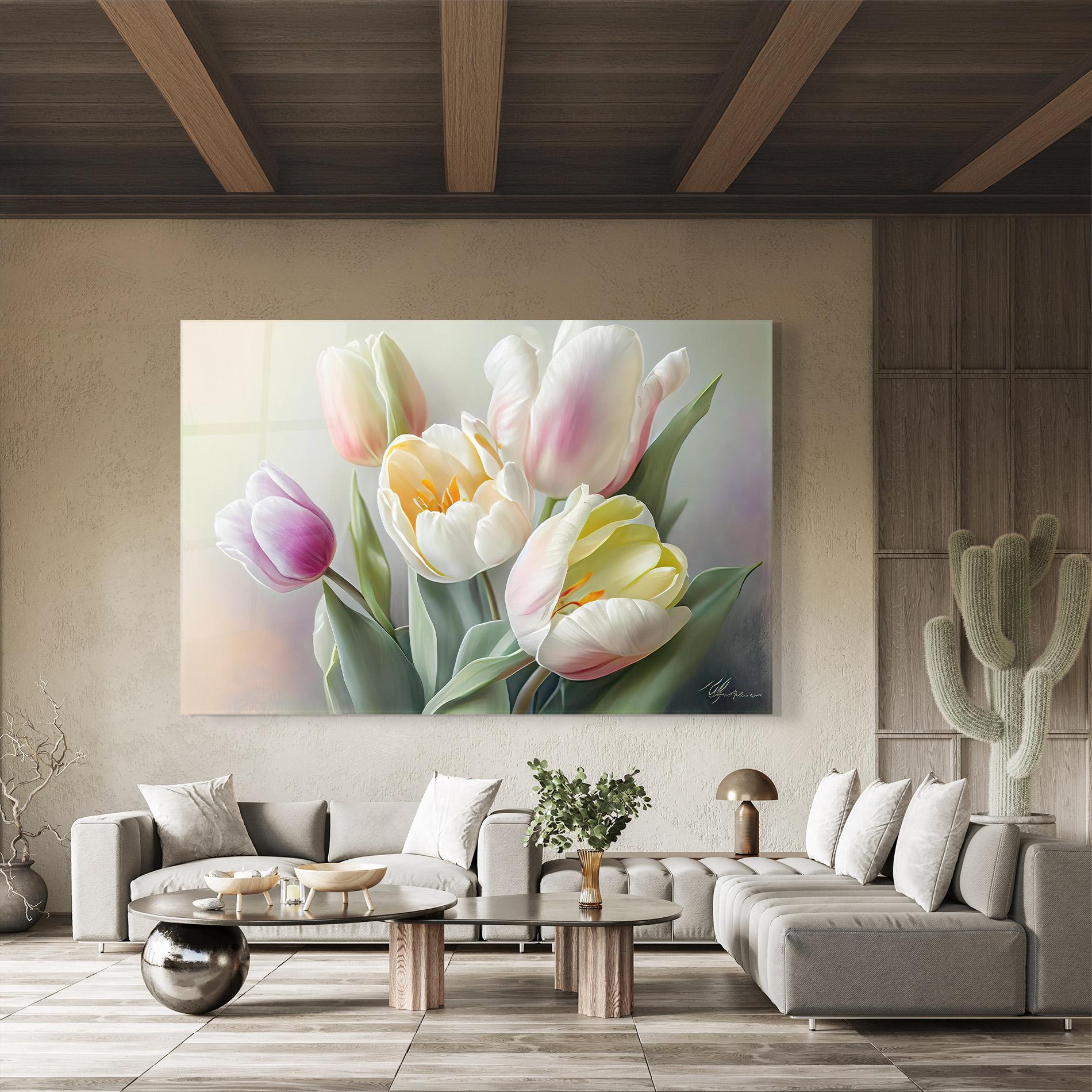 Glasbild White Tulips Painting mockup 8