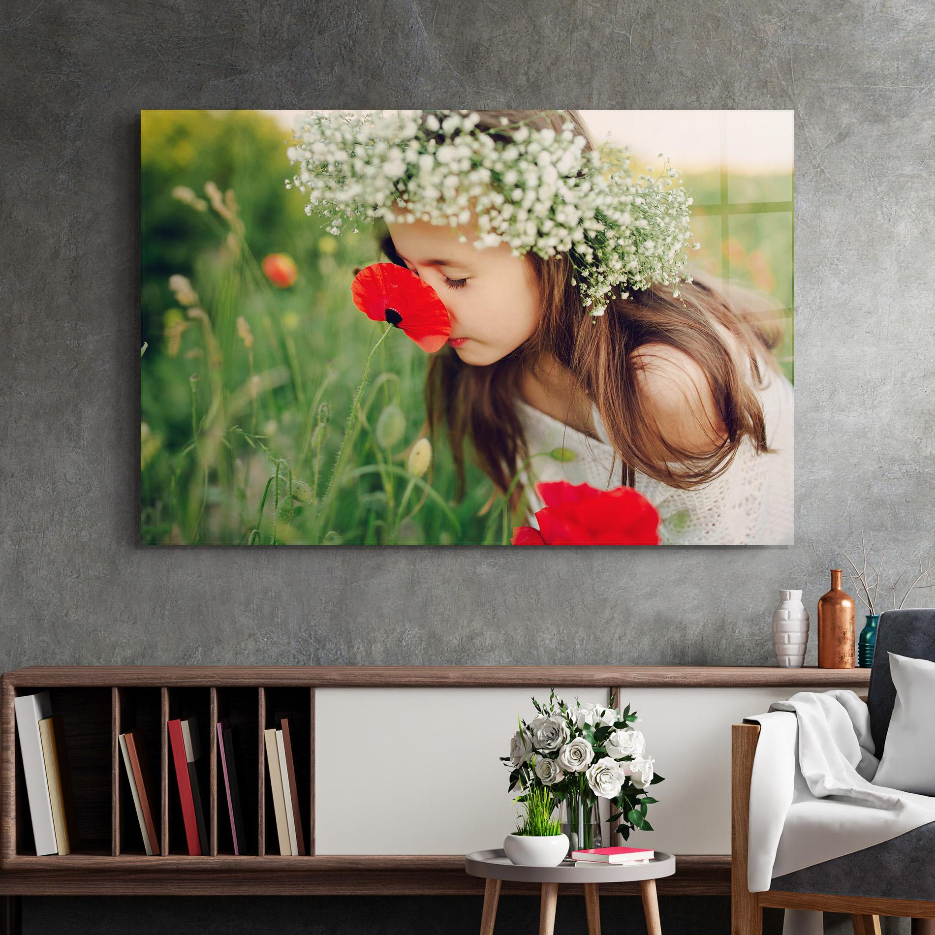 Glasbild Girl With Poppies mockup 2