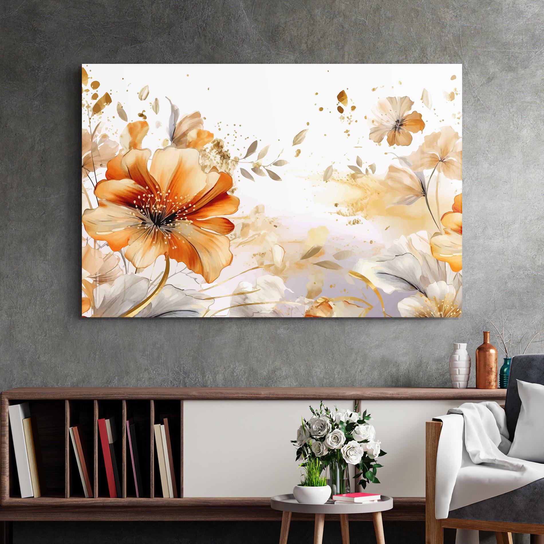 Glasbild Gold Orange Poppy mockup 2