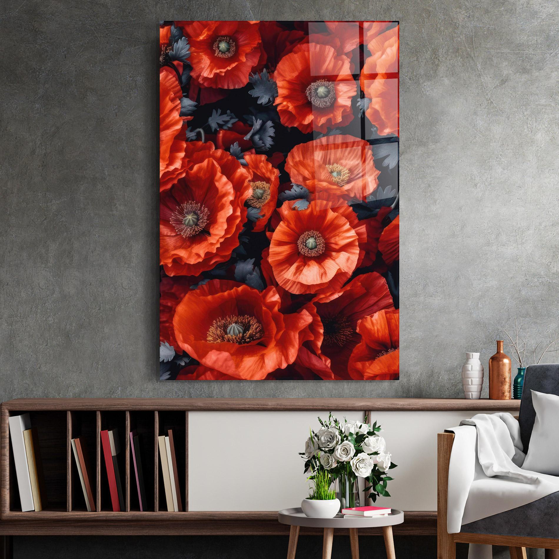 Glasbild Black Red Poppies mockup 2